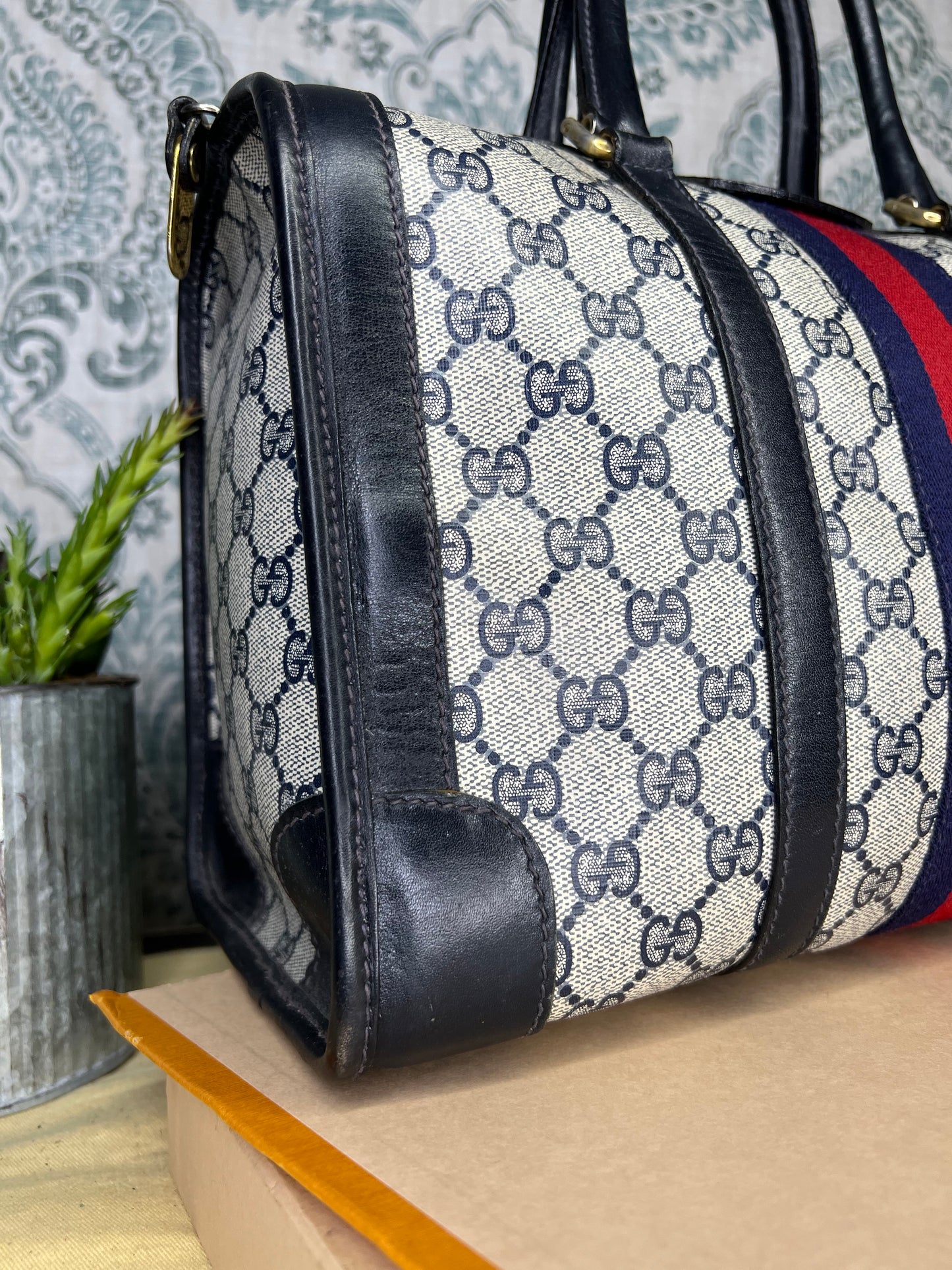 Gucci Navy Vintage Sherry Line Boston Bag