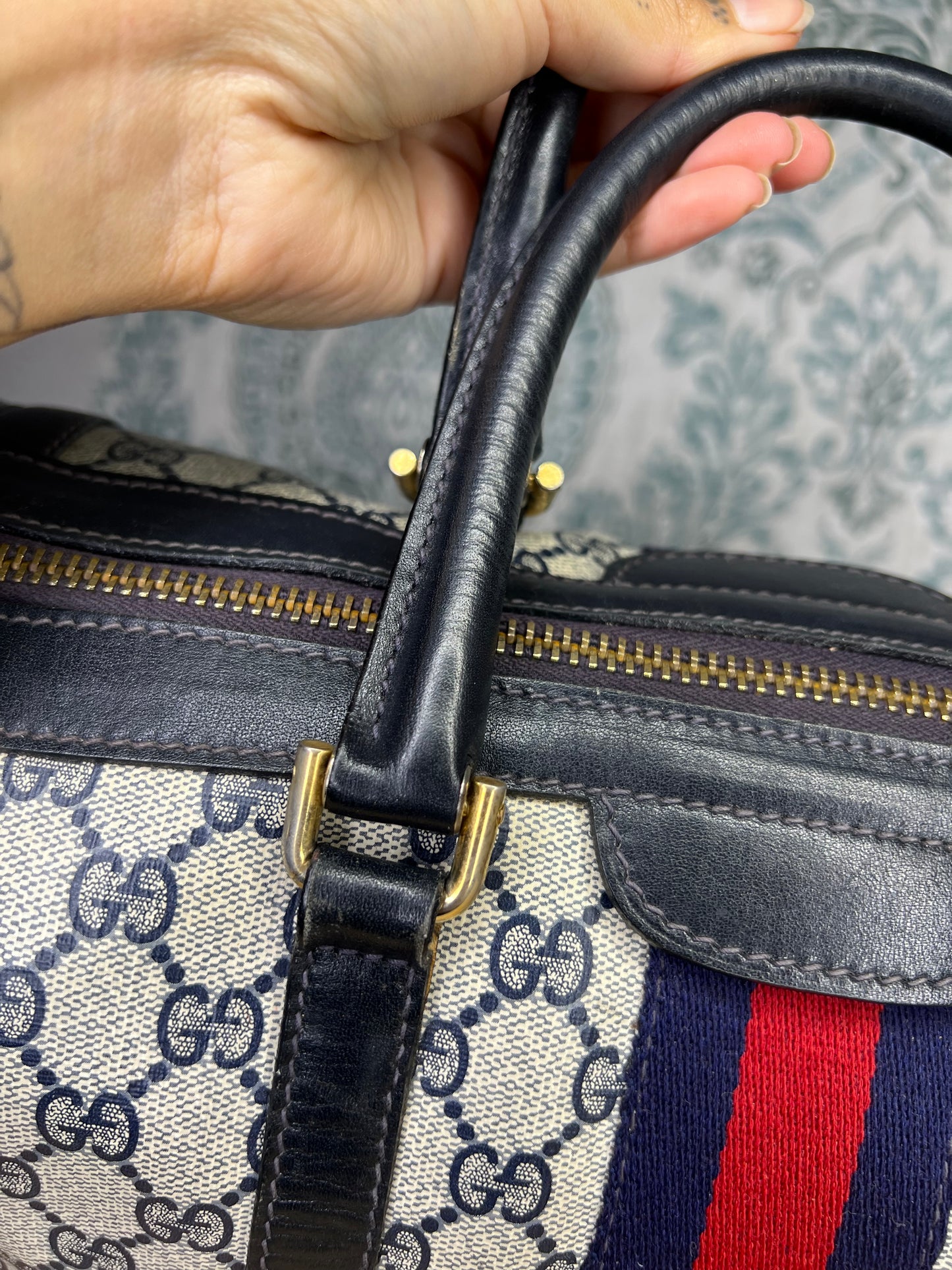 Gucci Navy Vintage Sherry Line Boston Bag