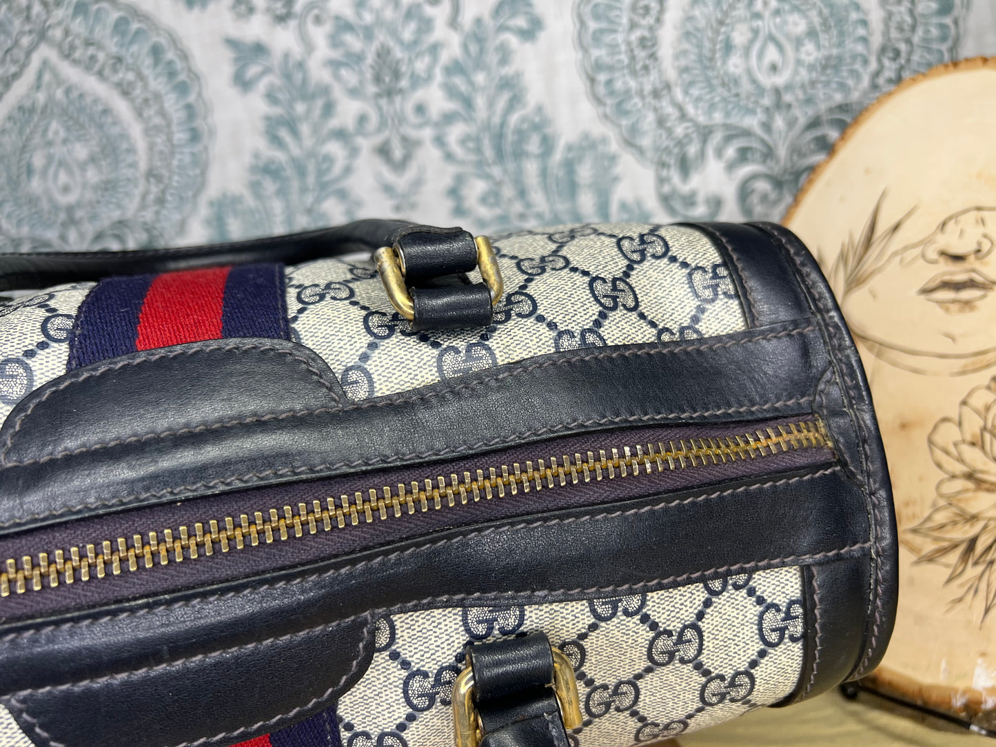 Gucci Navy Vintage Sherry Line Boston Bag