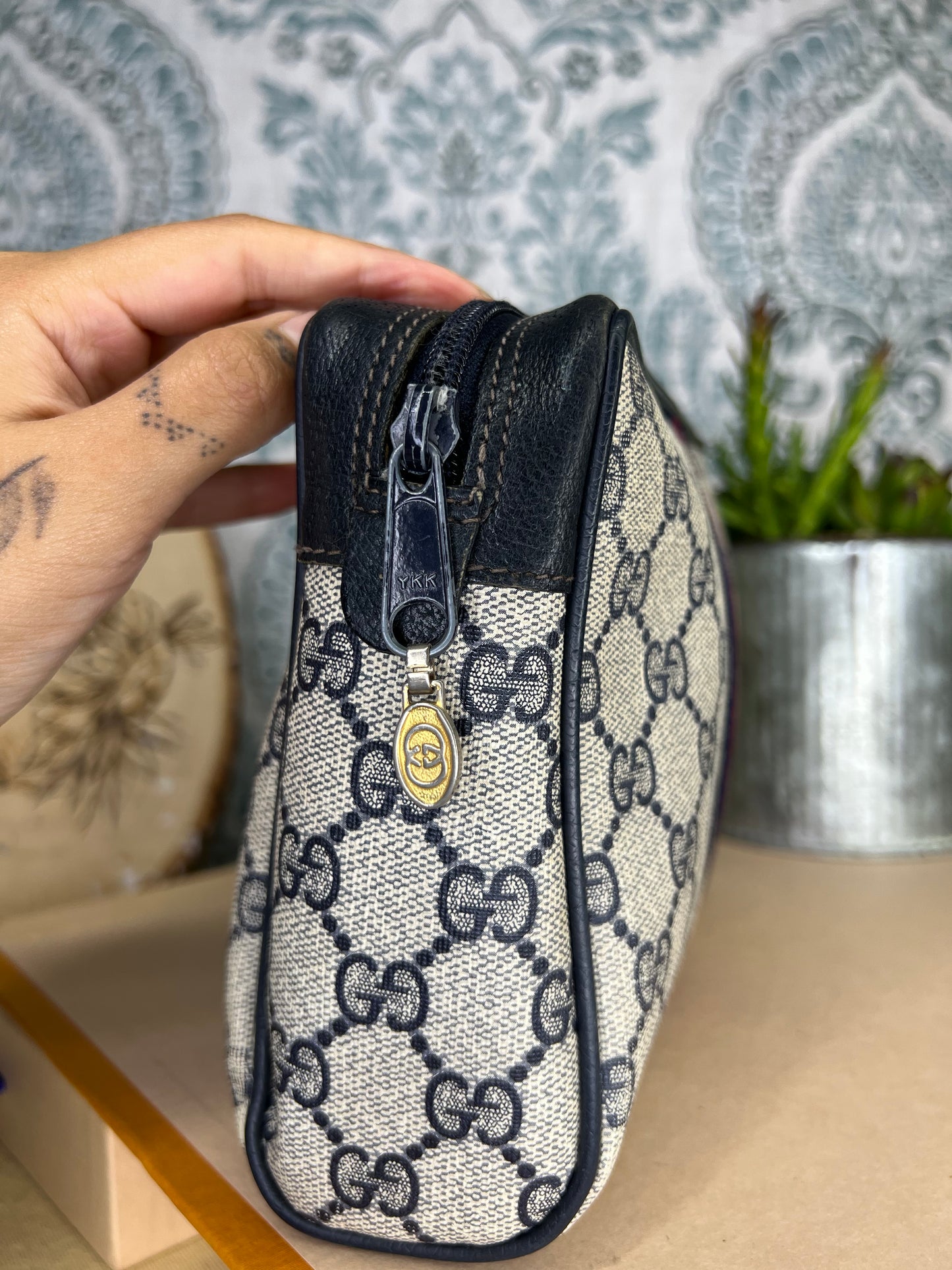 Gucci Navy Sherry Line Clutch / Cosmetic Pouch