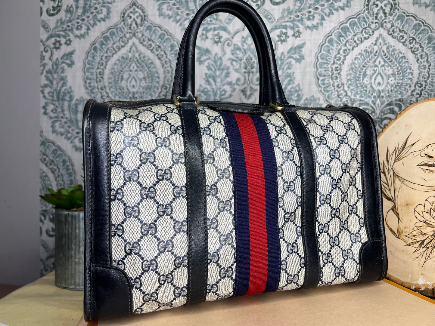 Gucci Navy Vintage Sherry Line Boston Bag