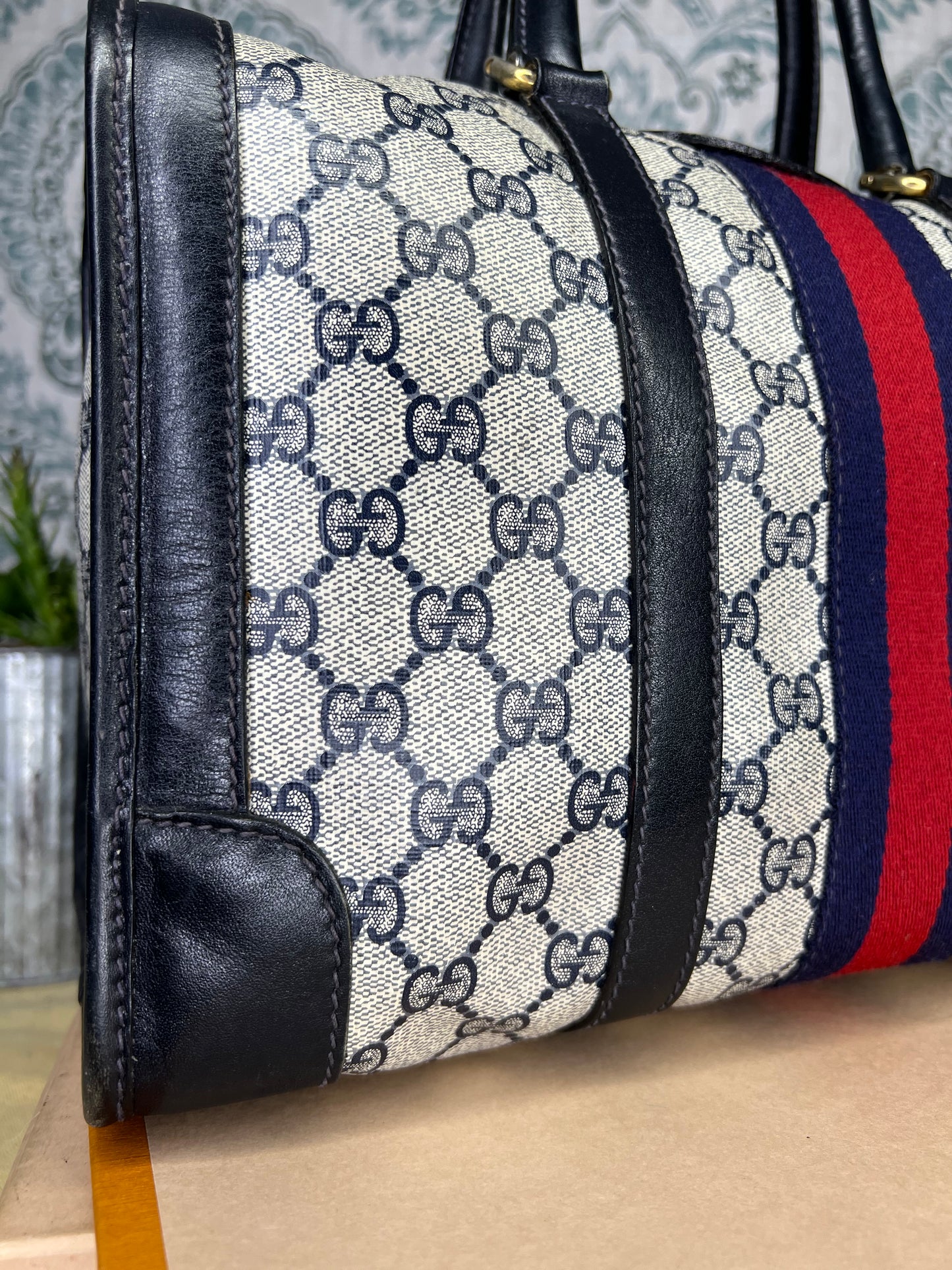 Gucci Navy Vintage Sherry Line Boston Bag