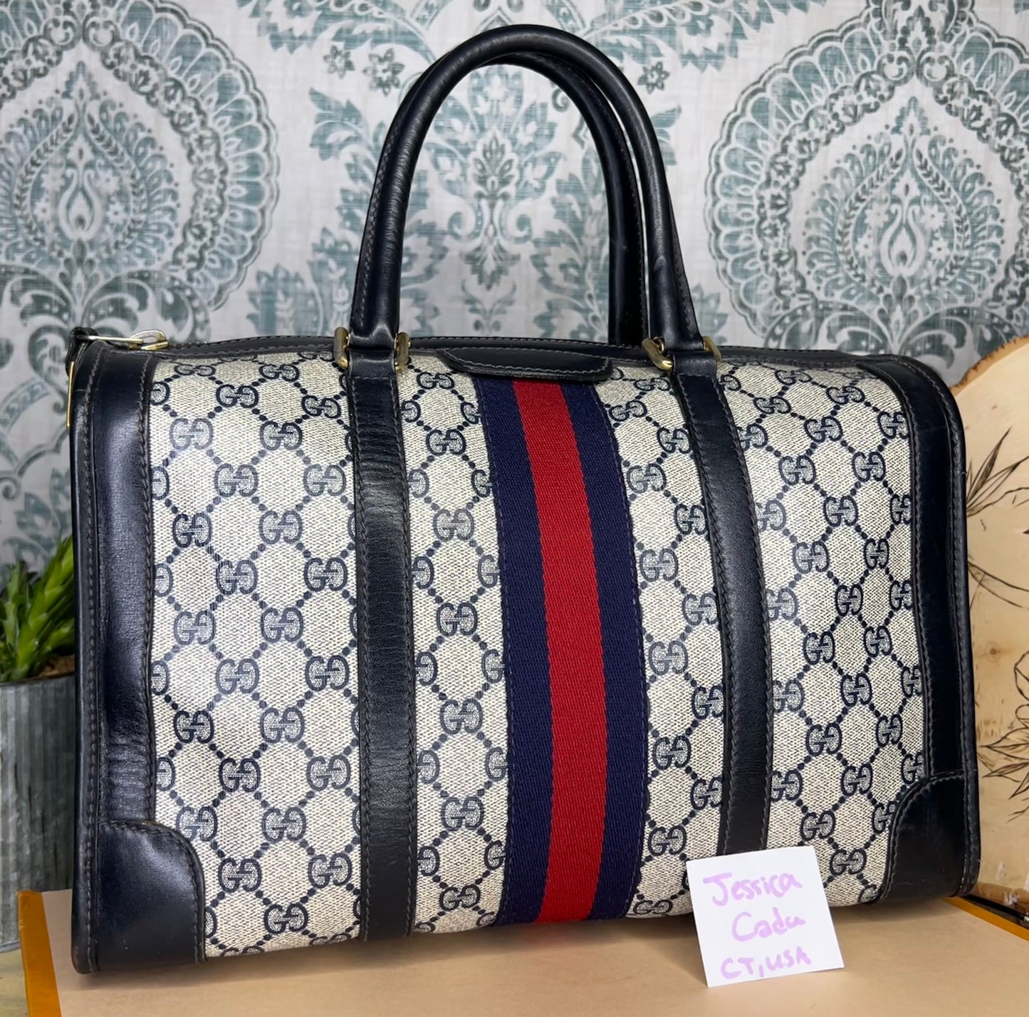 Gucci Navy Vintage Sherry Line Boston Bag