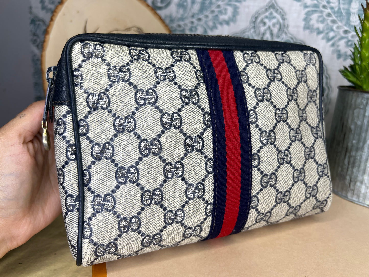 Gucci Navy Sherry Line Clutch / Cosmetic Pouch