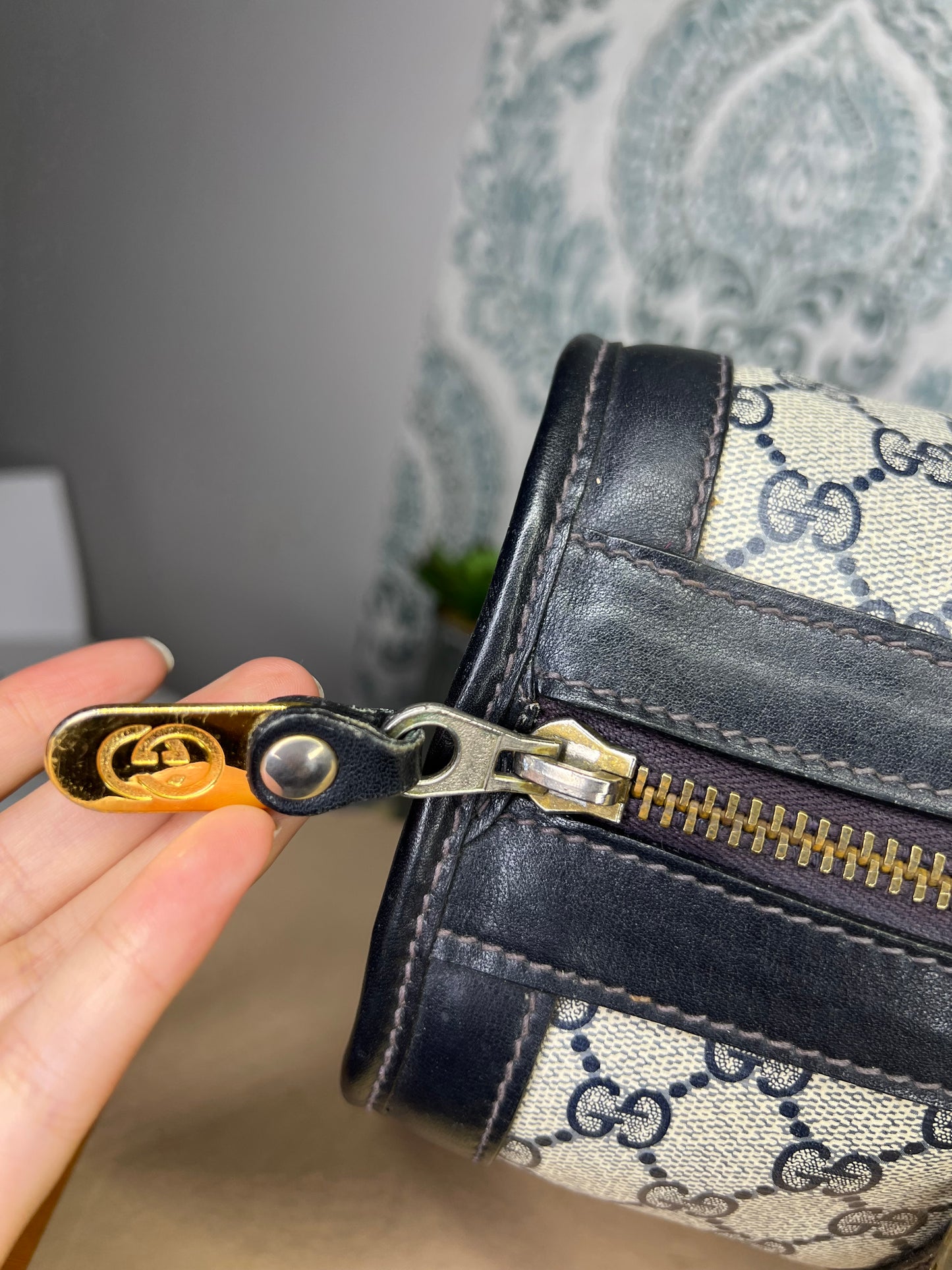 Gucci Navy Vintage Sherry Line Boston Bag