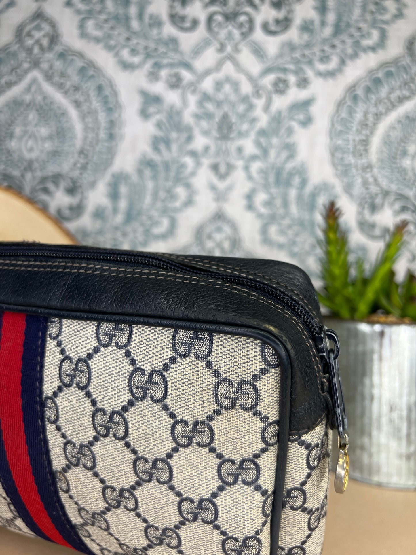 Gucci Navy Sherry Line Clutch / Cosmetic Pouch