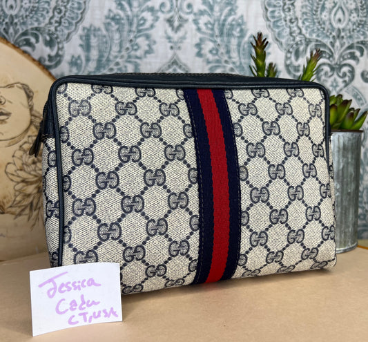 Gucci Navy Sherry Line Clutch / Cosmetic Pouch