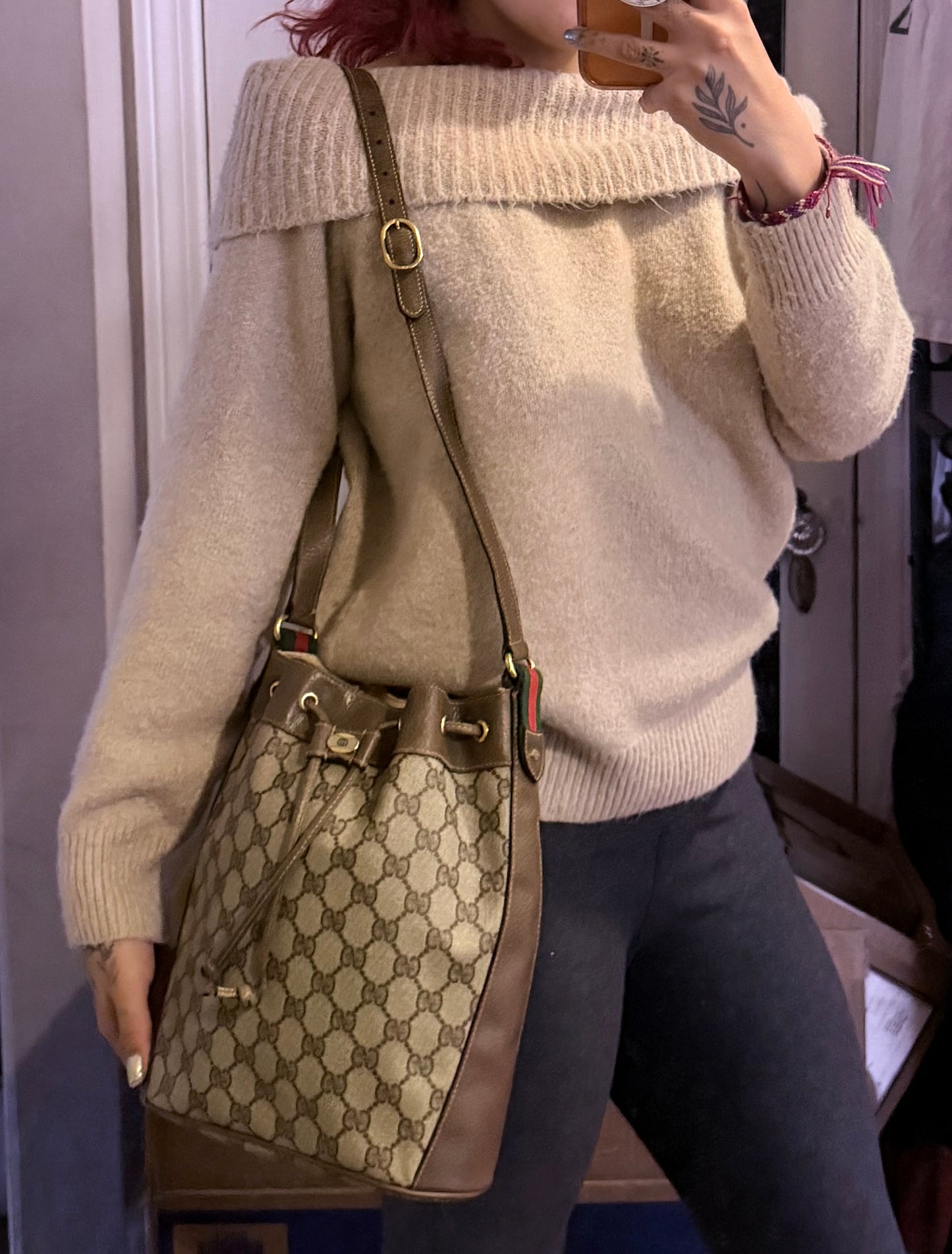 Gucci Canvas Sherry Line Drawstring Bucket Bag