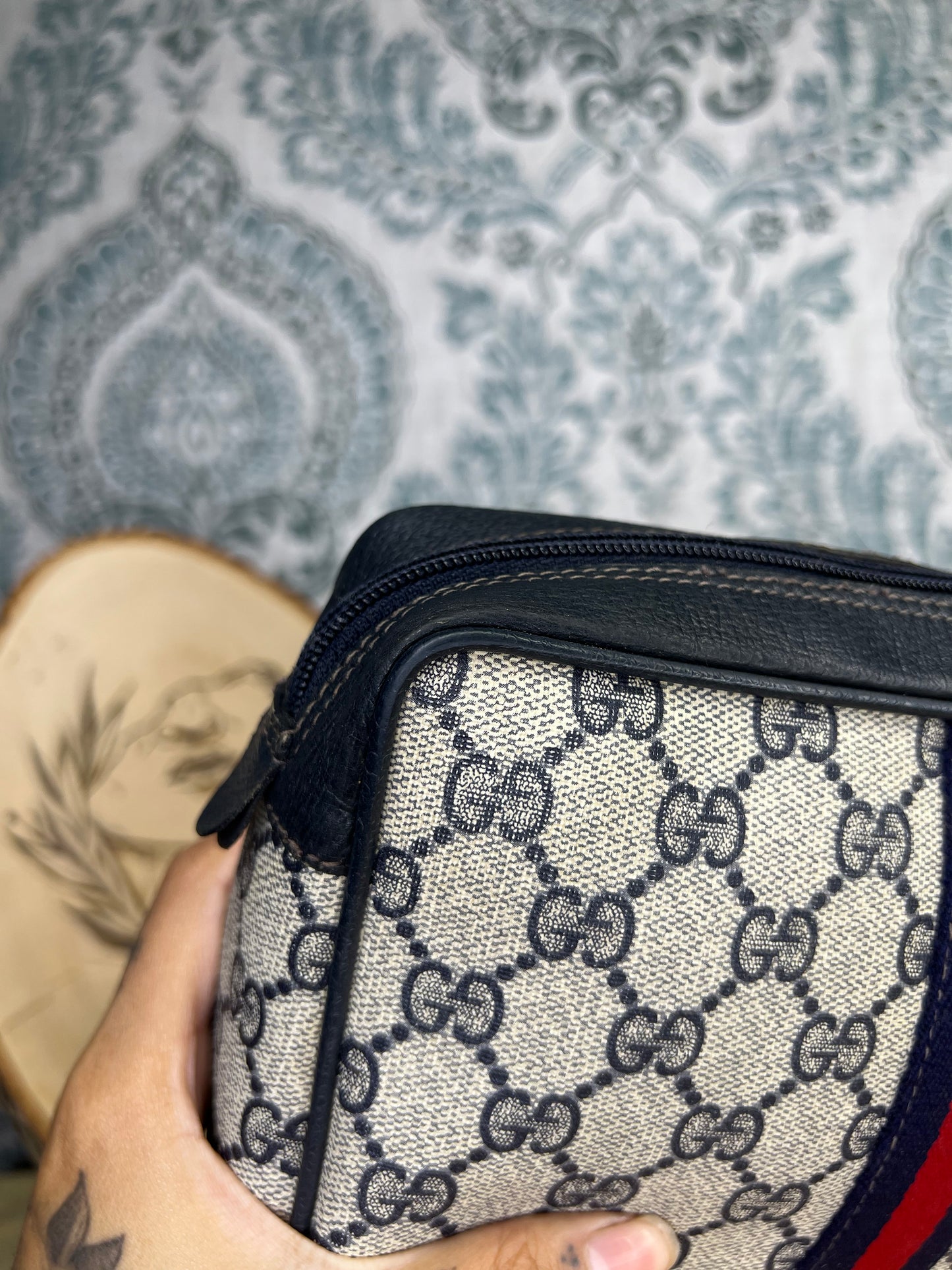 Gucci Navy Sherry Line Clutch / Cosmetic Pouch
