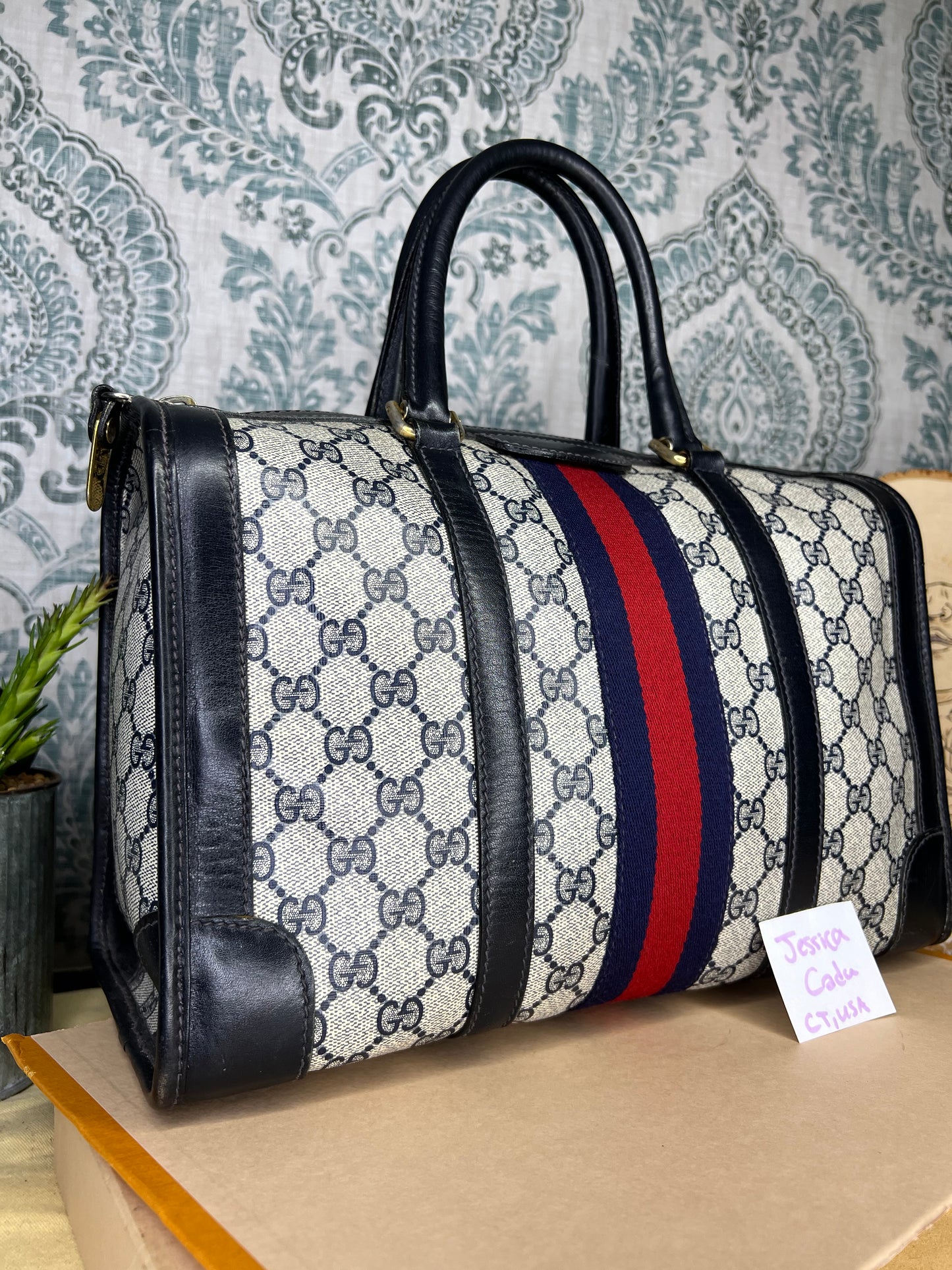 Gucci Navy Vintage Sherry Line Boston Bag