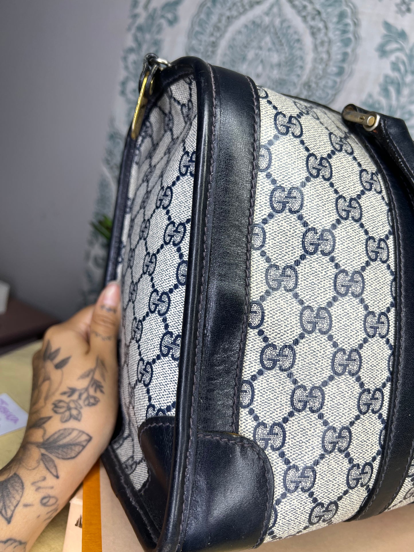 Gucci Navy Vintage Sherry Line Boston Bag
