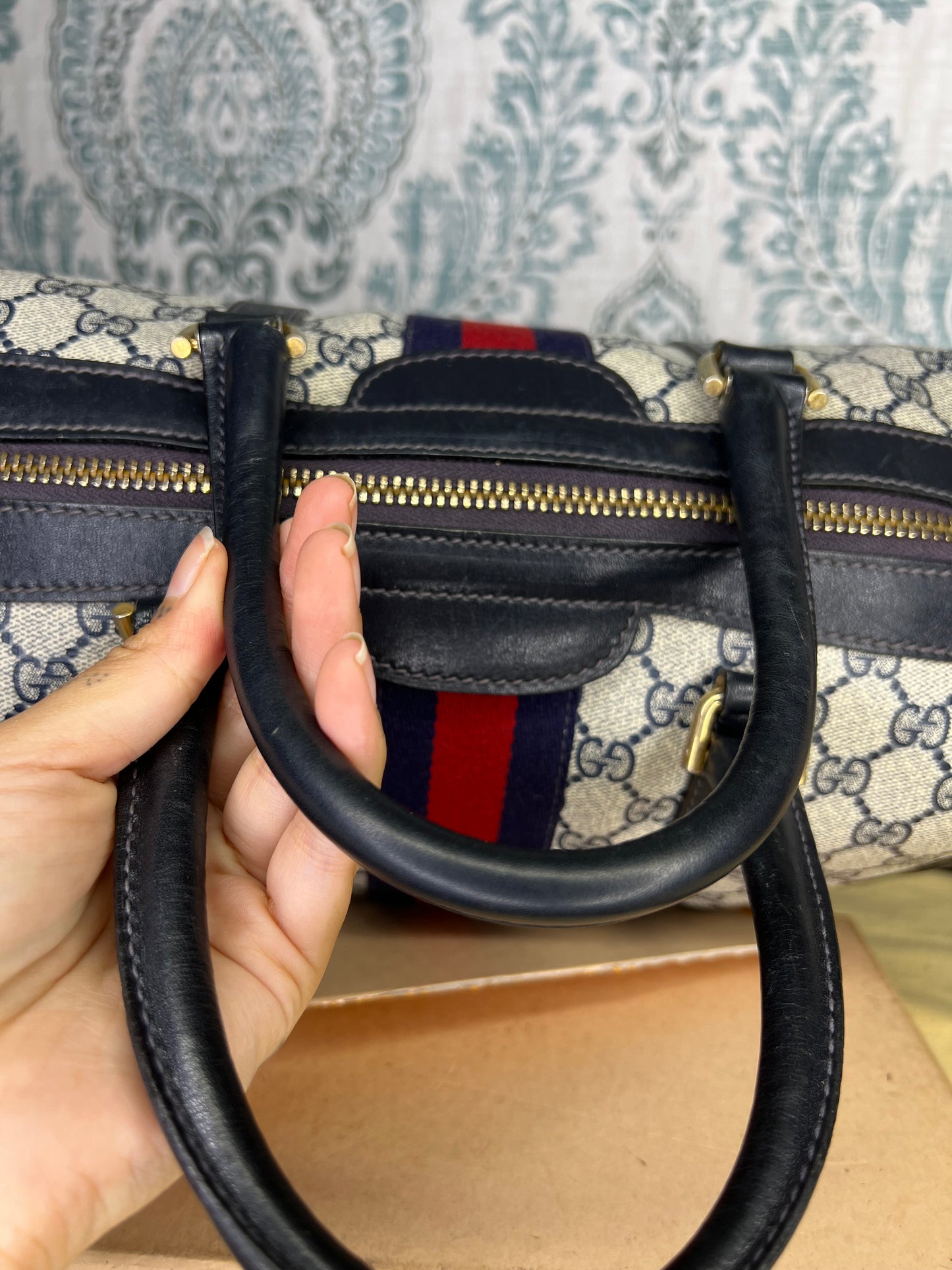 Gucci Navy Vintage Sherry Line Boston Bag