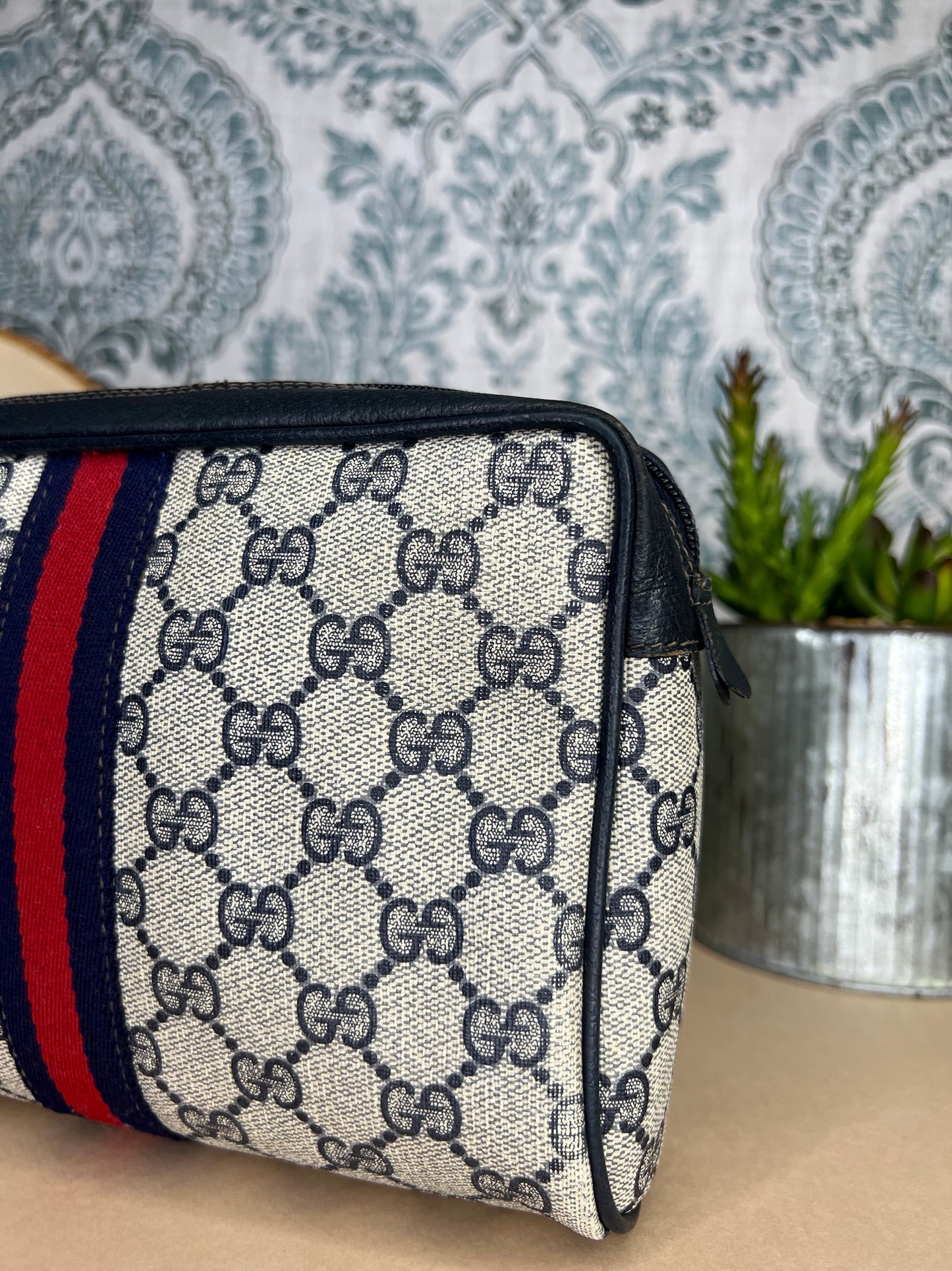 Gucci Navy Sherry Line Clutch / Cosmetic Pouch