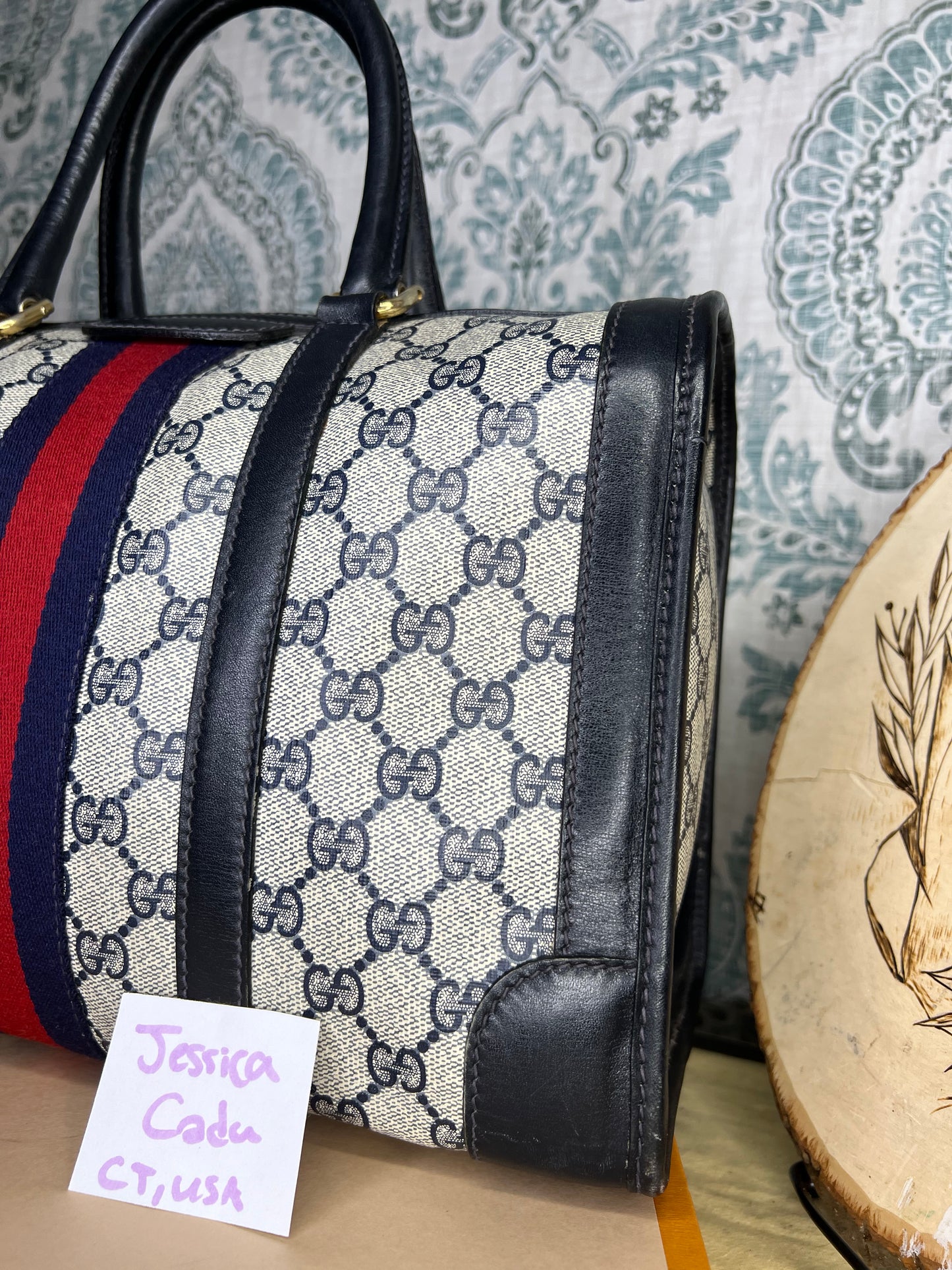 Gucci Navy Vintage Sherry Line Boston Bag