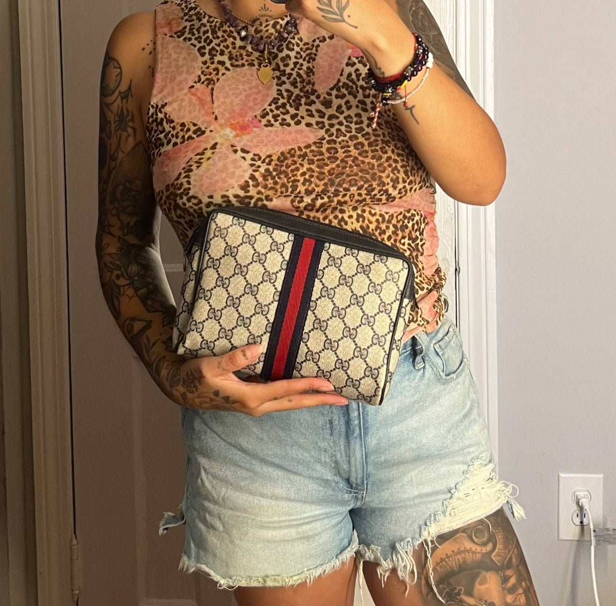 Gucci Navy Sherry Line Clutch / Cosmetic Pouch