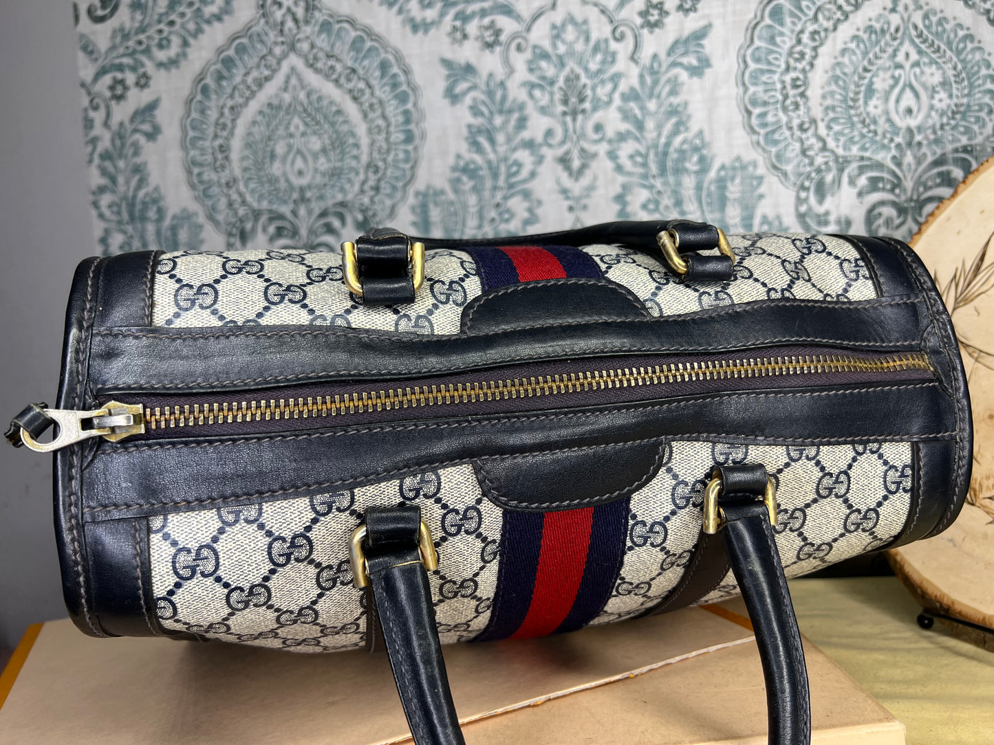Gucci Navy Vintage Sherry Line Boston Bag