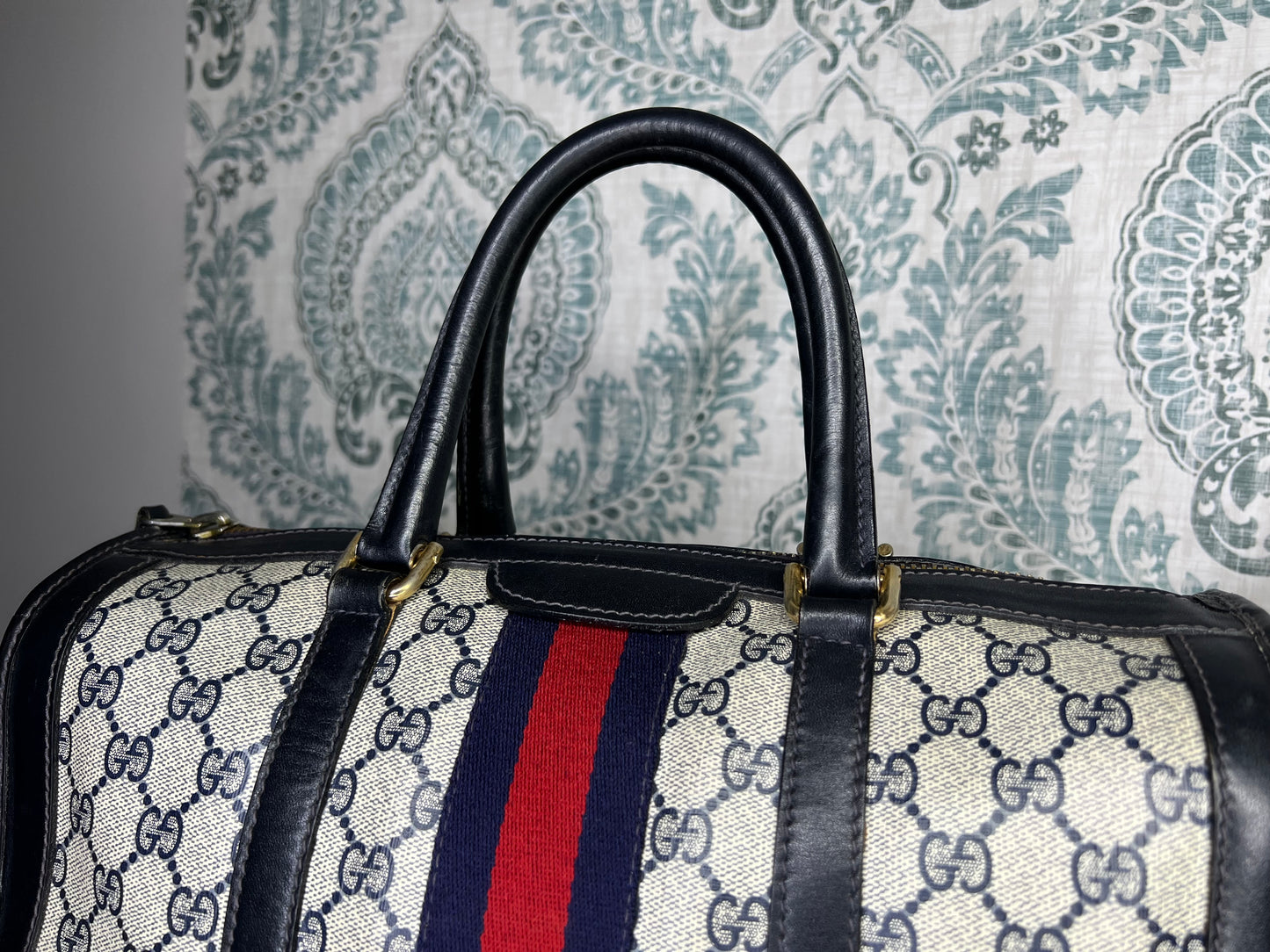 Gucci Navy Vintage Sherry Line Boston Bag