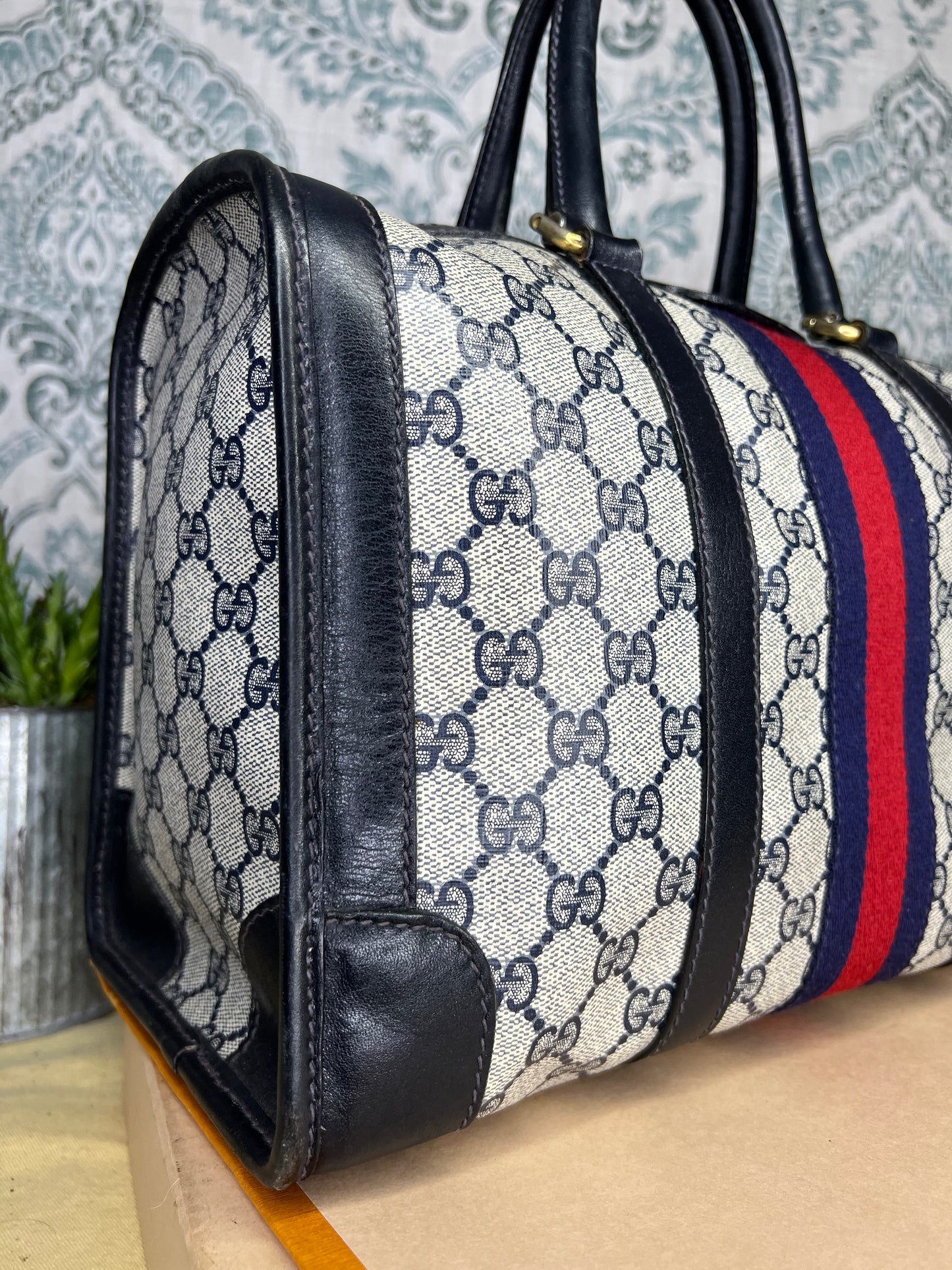 Gucci Navy Vintage Sherry Line Boston Bag