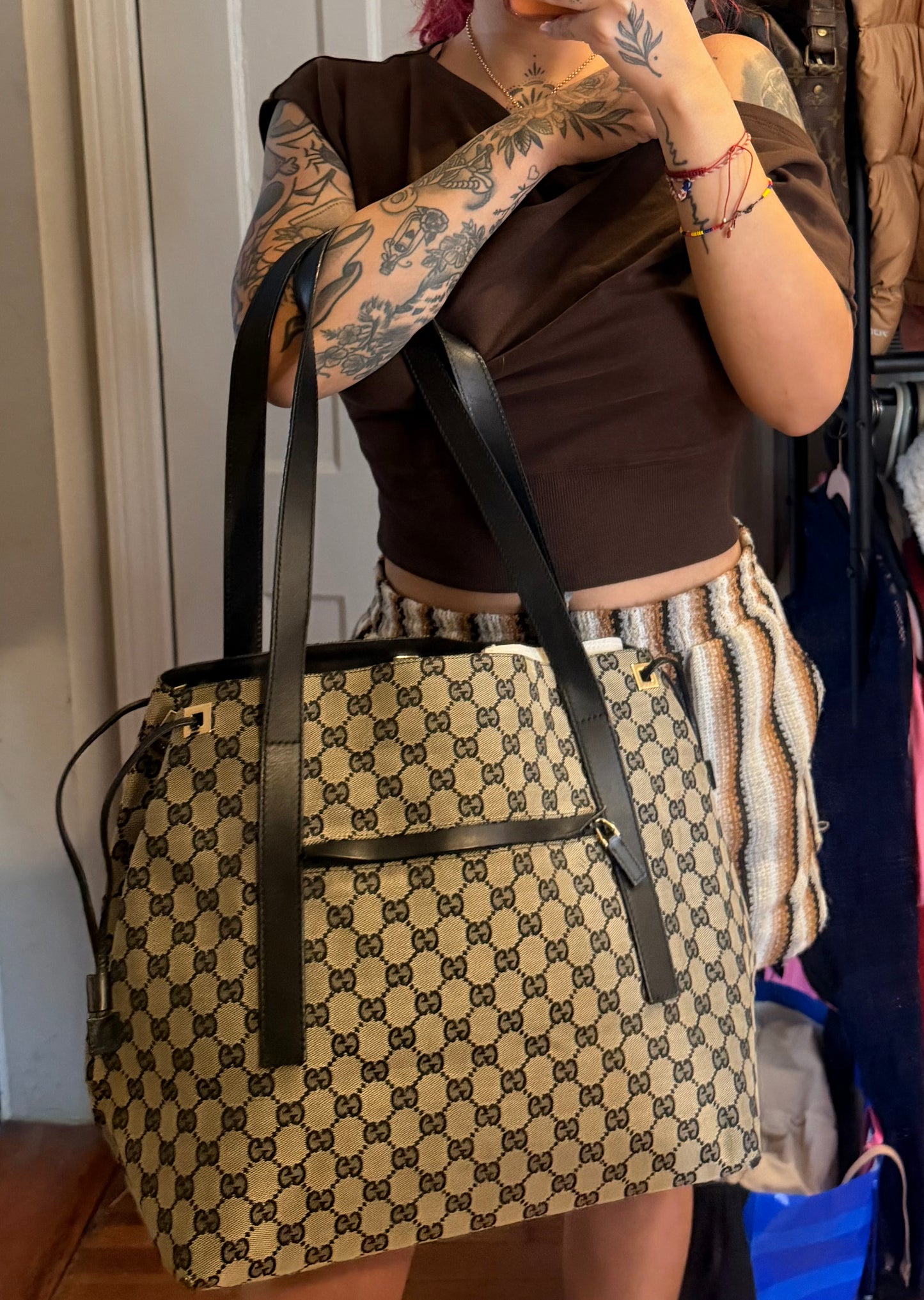Gucci GG Drawstring Gray Tote Bag Canvas