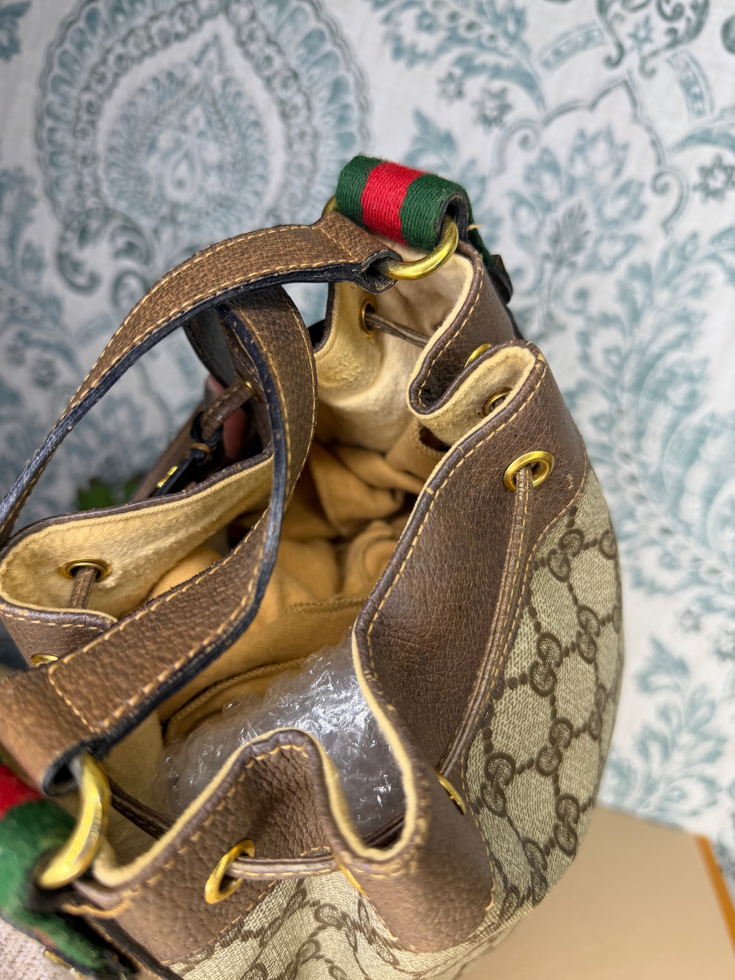 Gucci Canvas Sherry Line Drawstring Bucket Bag