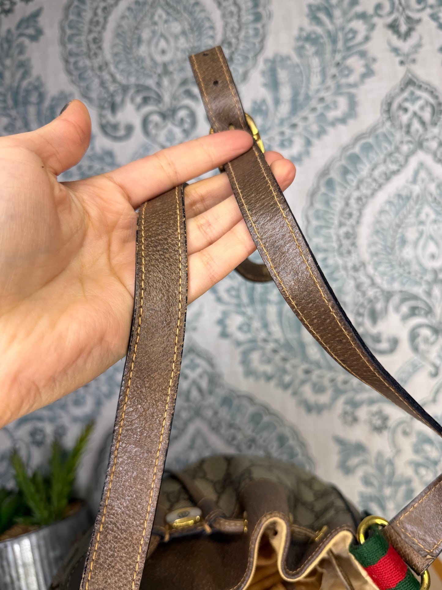 Gucci Canvas Sherry Line Drawstring Bucket Bag