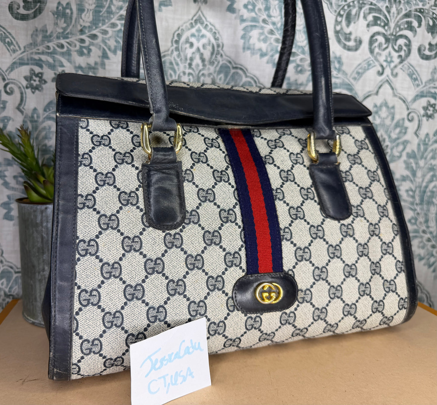 Gucci Navy Vintage Sherry Line Top Handle Bag