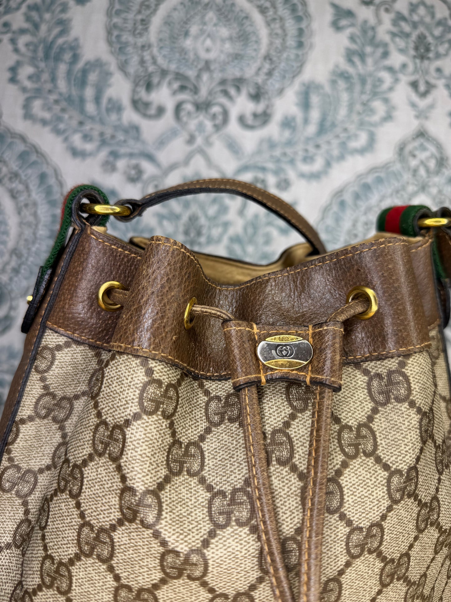 Gucci Canvas Sherry Line Drawstring Bucket Bag