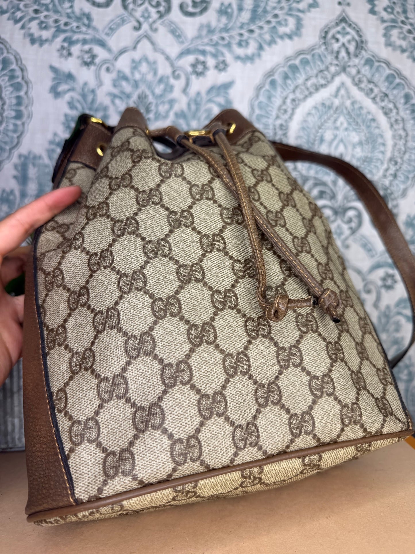 Gucci Canvas Sherry Line Drawstring Bucket Bag