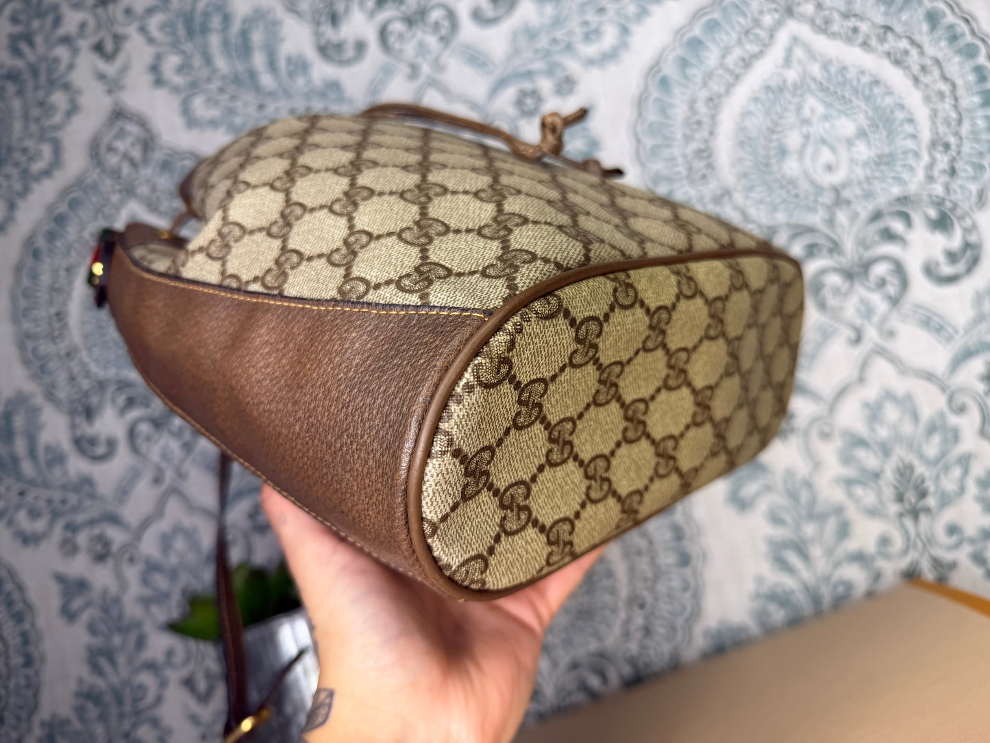 Gucci Canvas Sherry Line Drawstring Bucket Bag