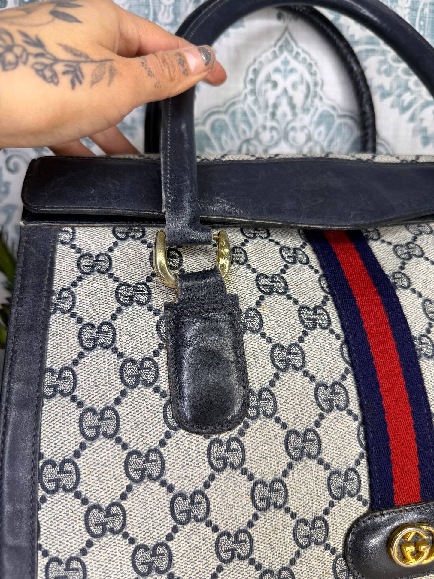 Gucci Navy Vintage Sherry Line Top Handle Bag