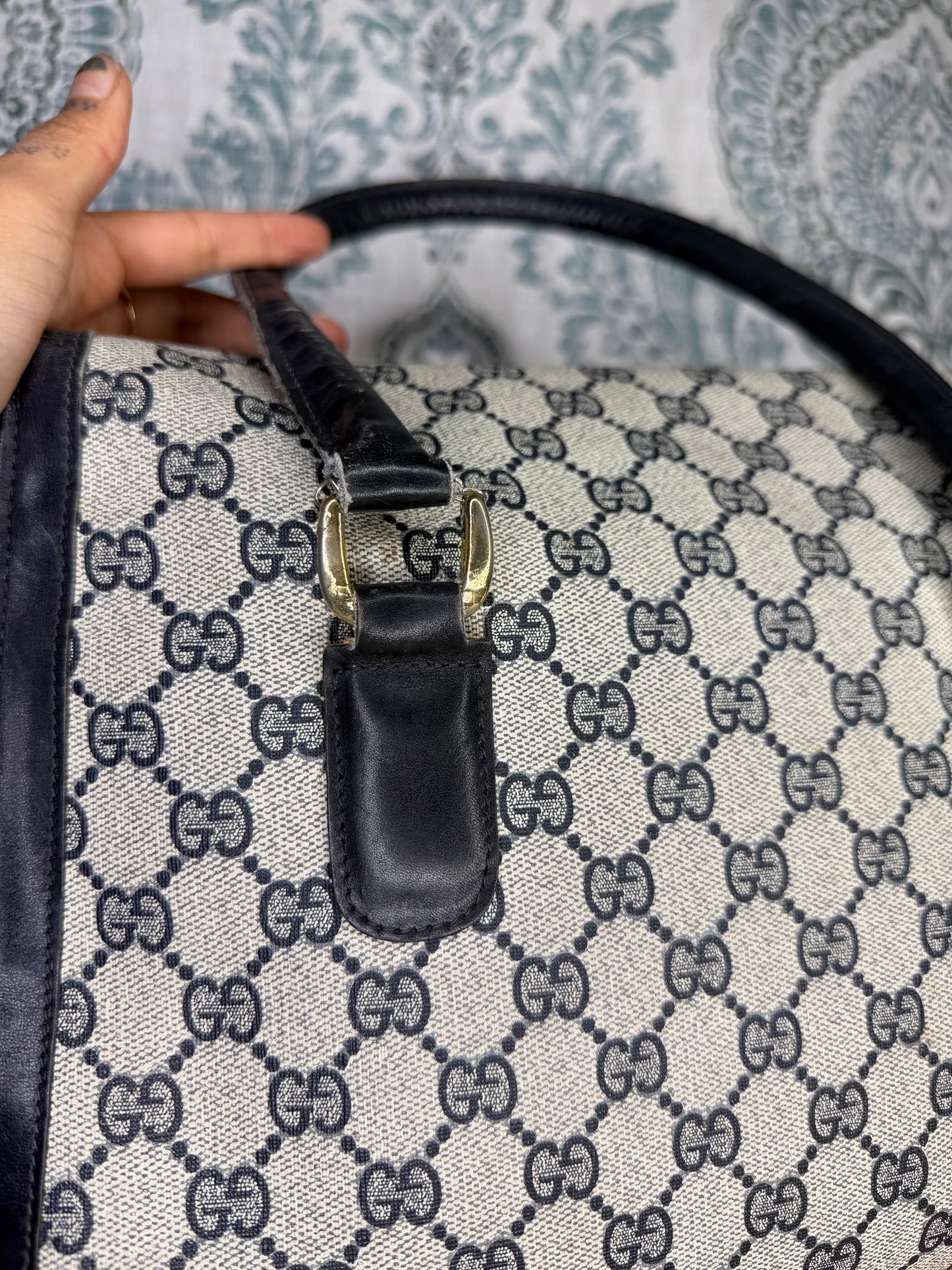 Gucci Navy Vintage Sherry Line Top Handle Bag