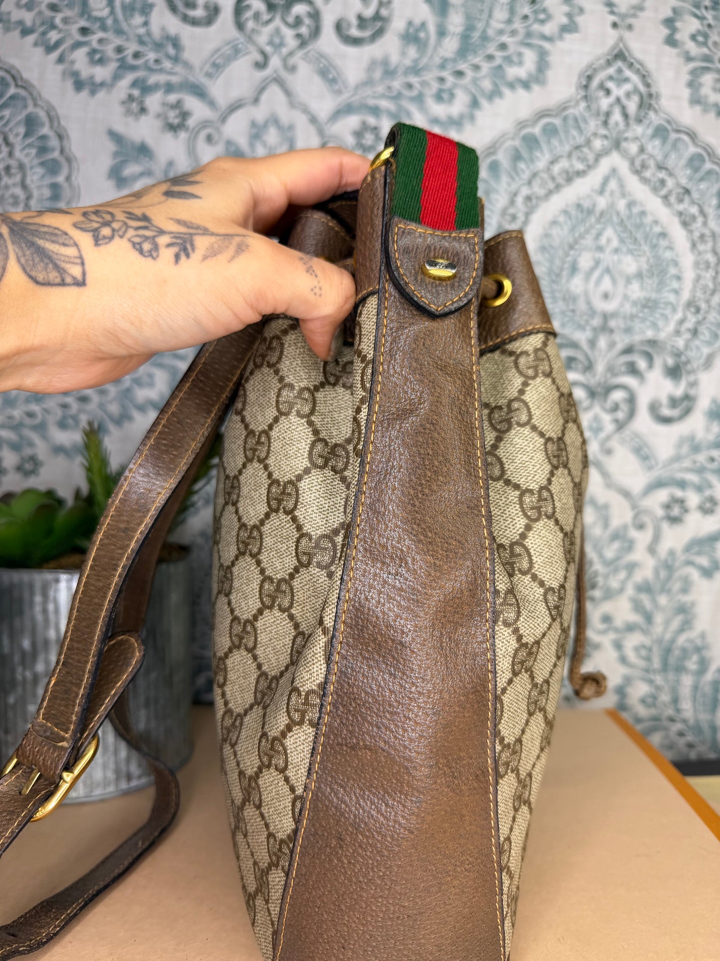 Gucci Canvas Sherry Line Drawstring Bucket Bag