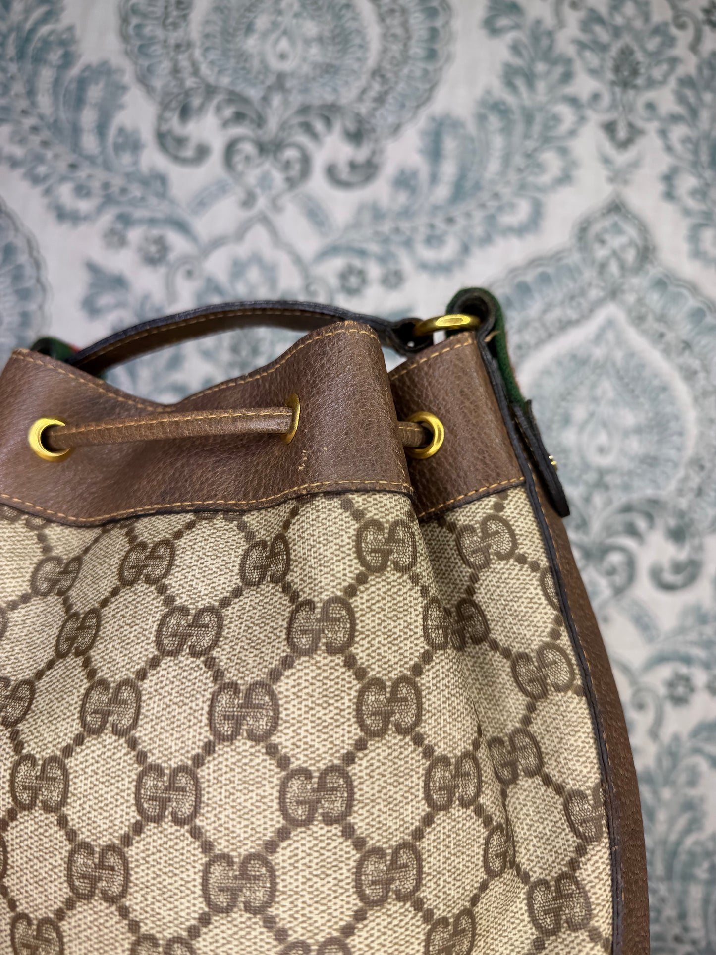 Gucci Canvas Sherry Line Drawstring Bucket Bag