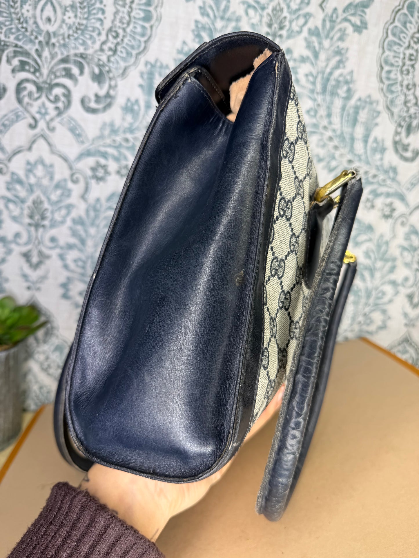 Gucci Navy Vintage Sherry Line Top Handle Bag