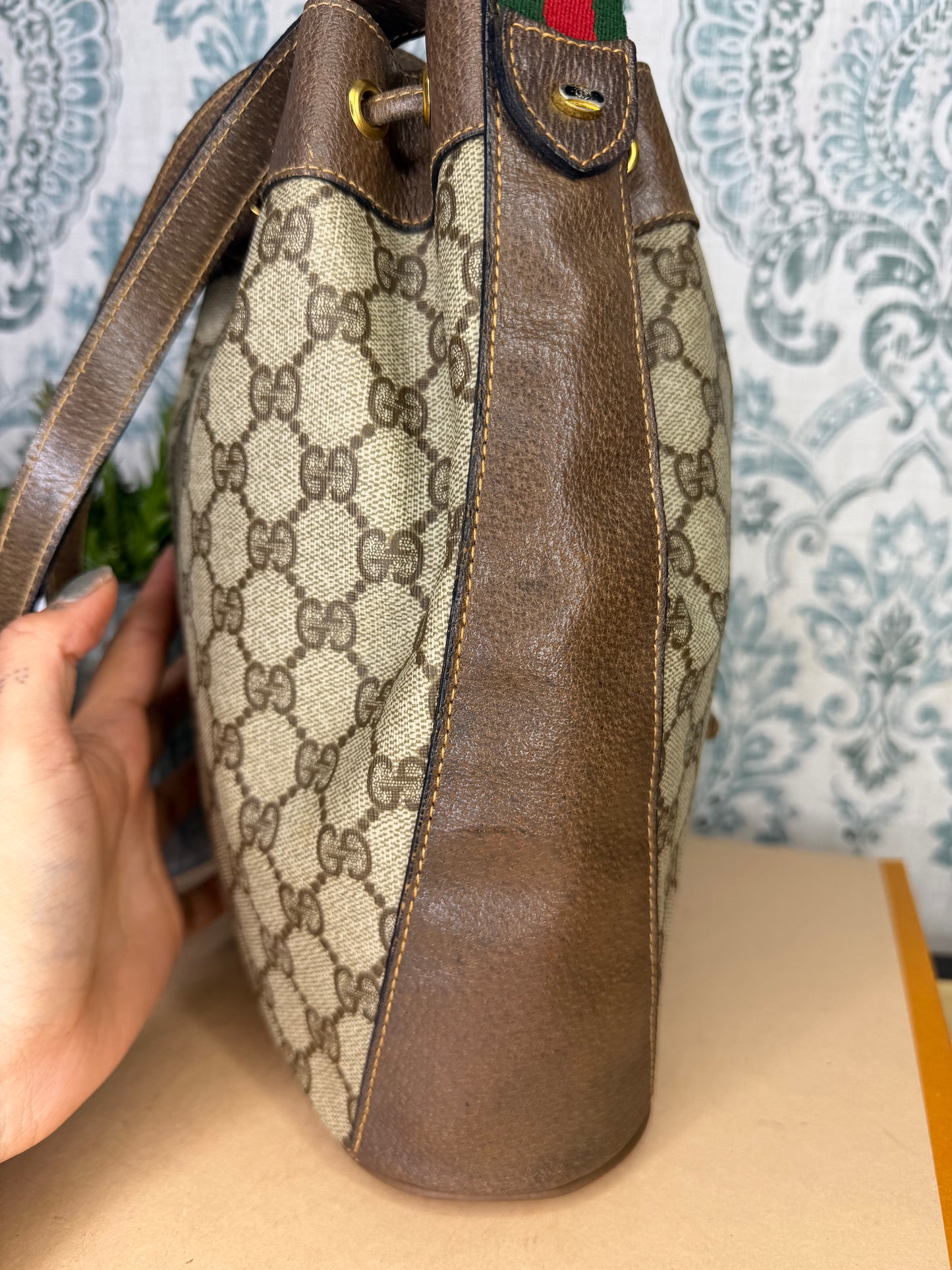 Gucci Canvas Sherry Line Drawstring Bucket Bag