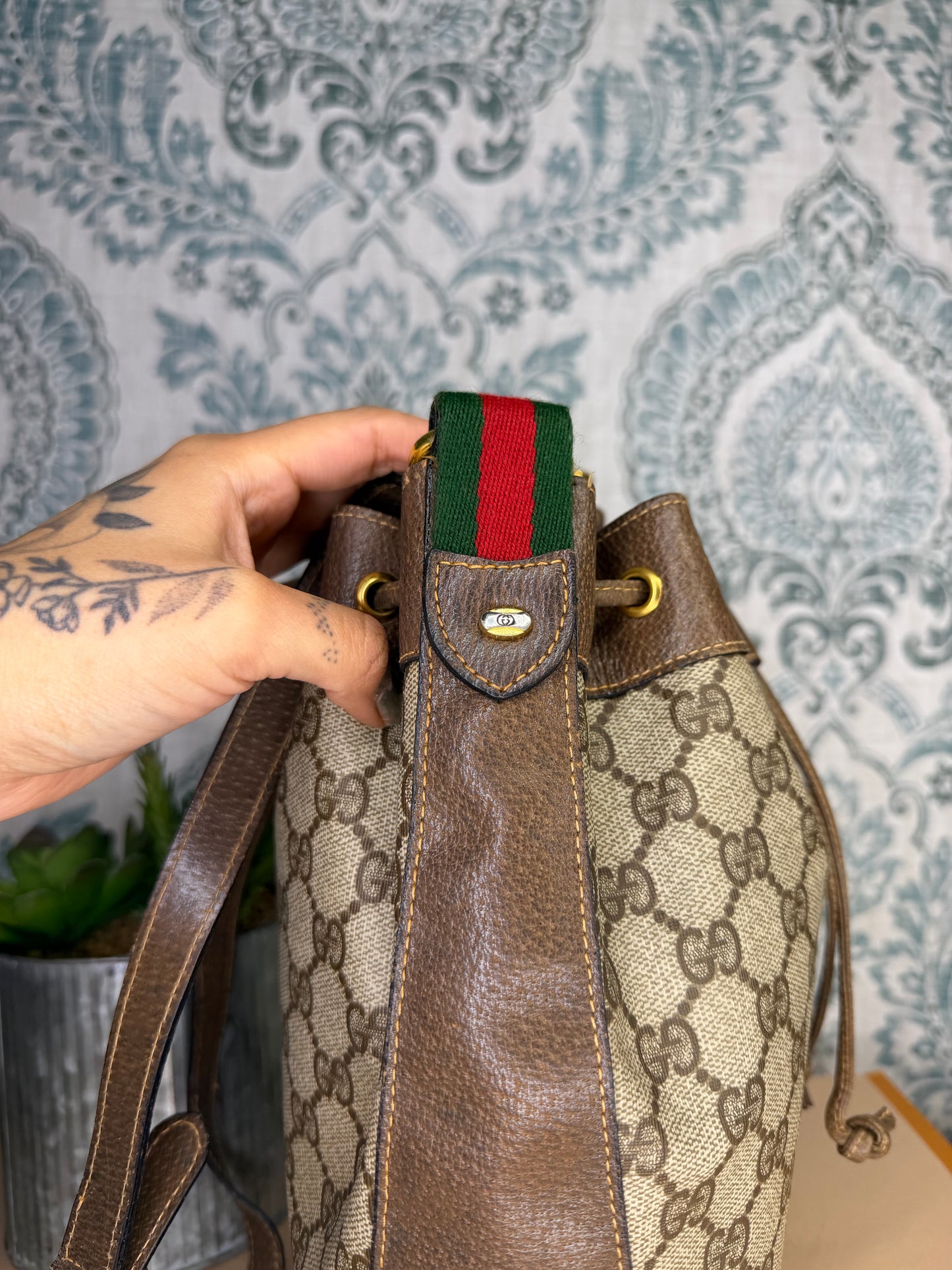 Gucci Canvas Sherry Line Drawstring Bucket Bag
