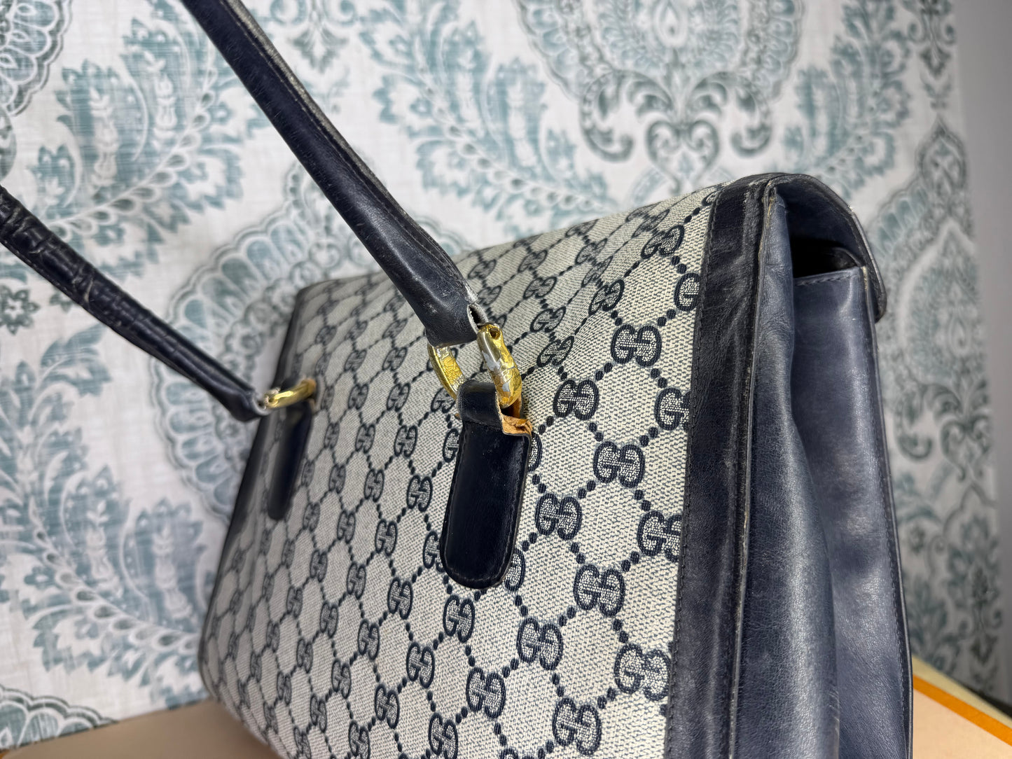 Gucci Navy Vintage Sherry Line Top Handle Bag