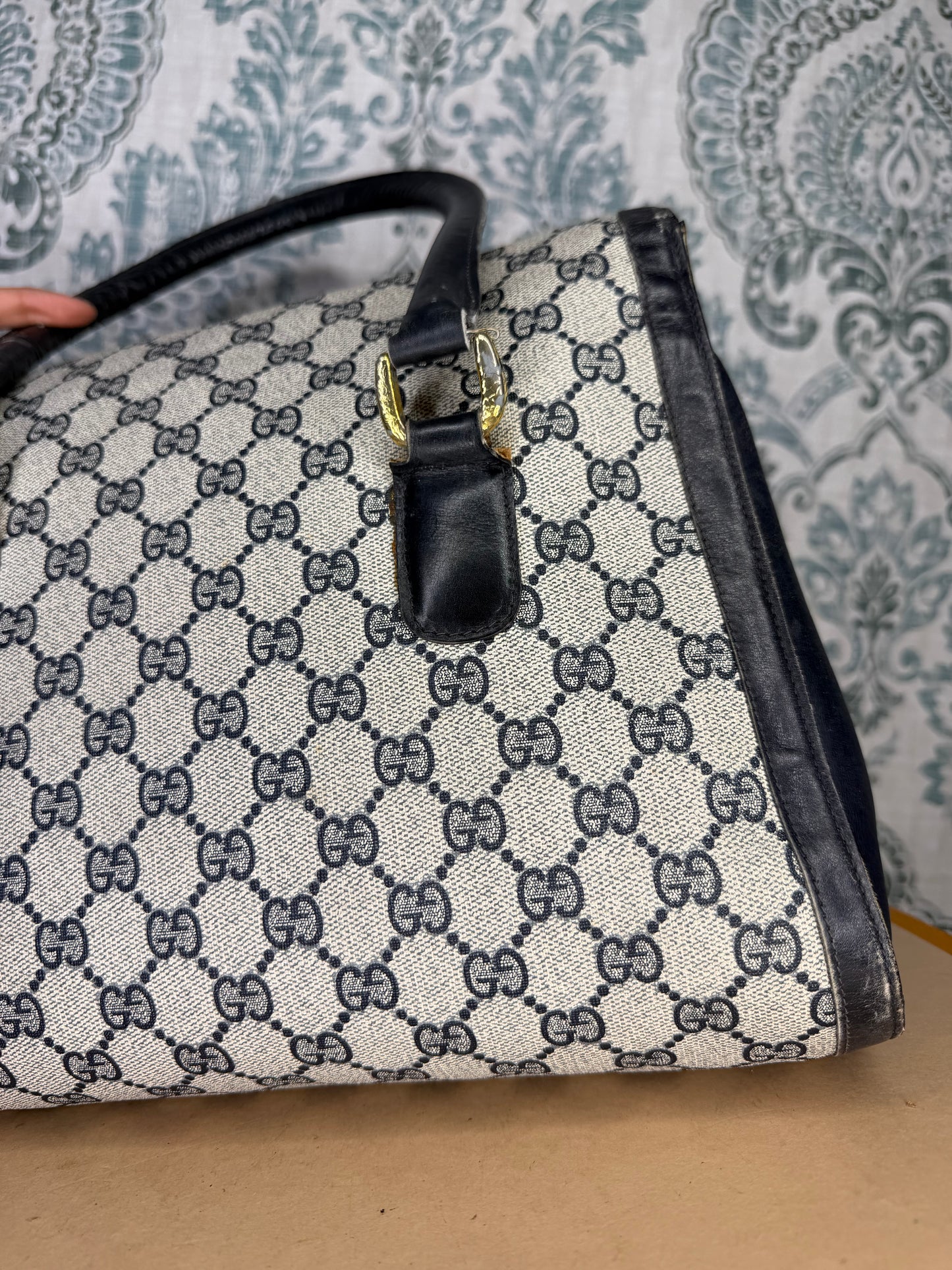 Gucci Navy Vintage Sherry Line Top Handle Bag