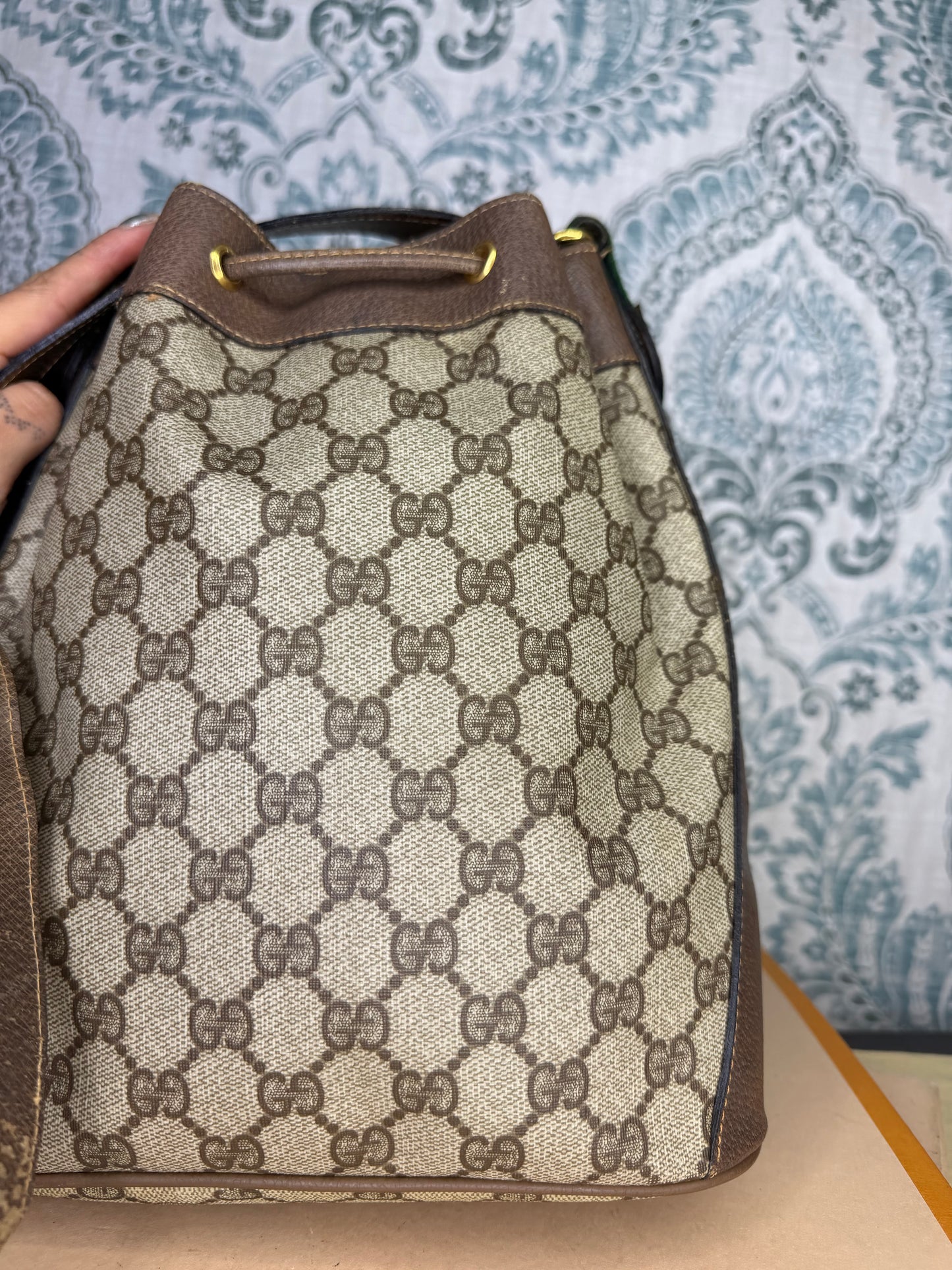 Gucci Canvas Sherry Line Drawstring Bucket Bag