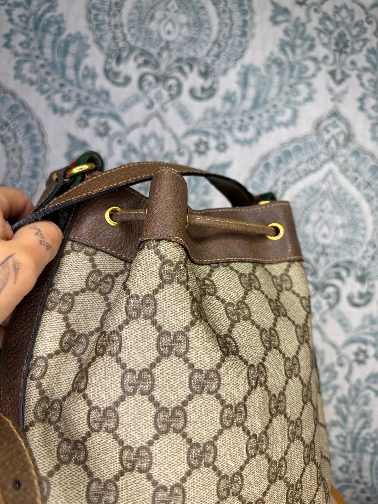 Gucci Canvas Sherry Line Drawstring Bucket Bag