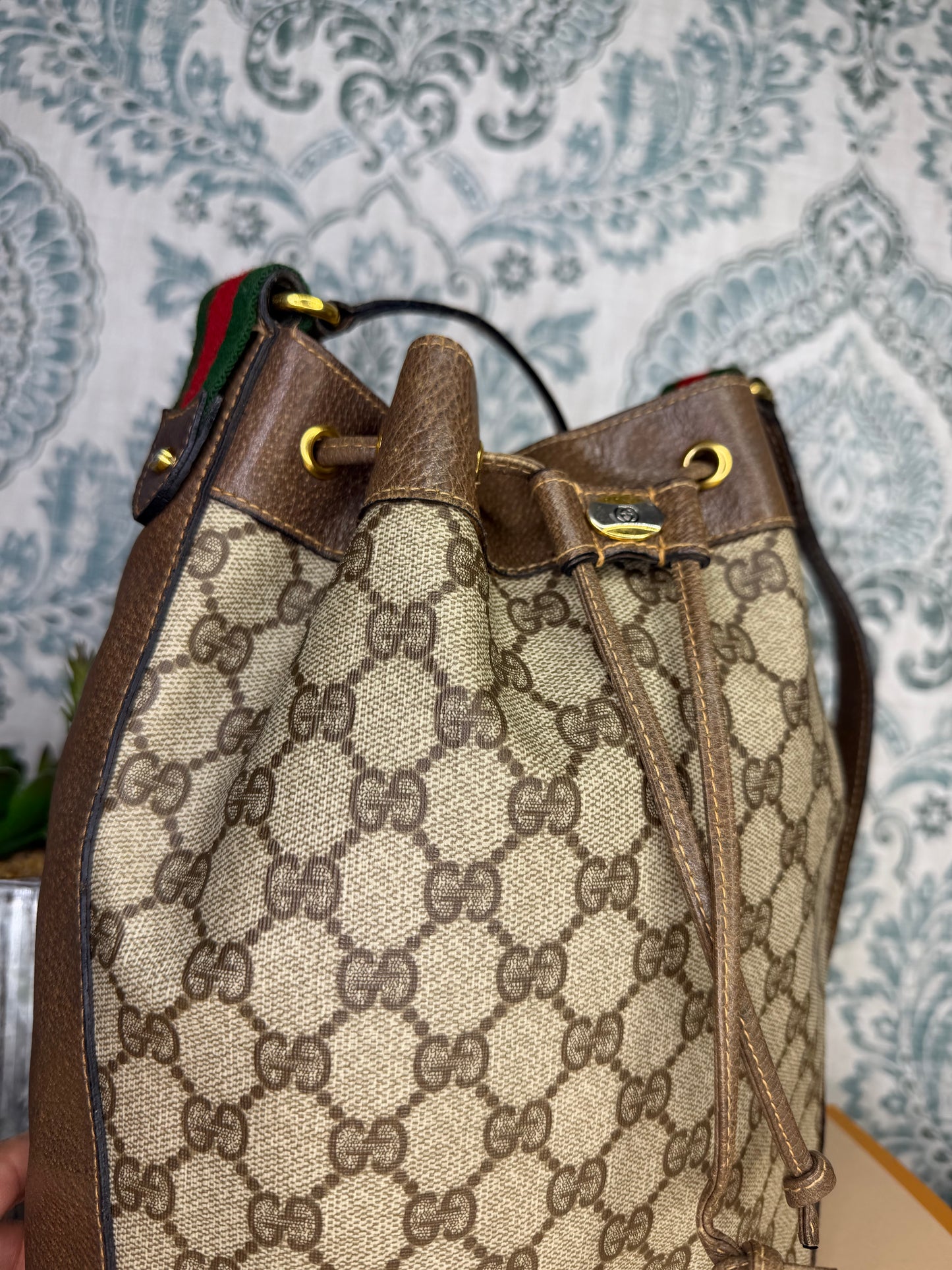 Gucci Canvas Sherry Line Drawstring Bucket Bag