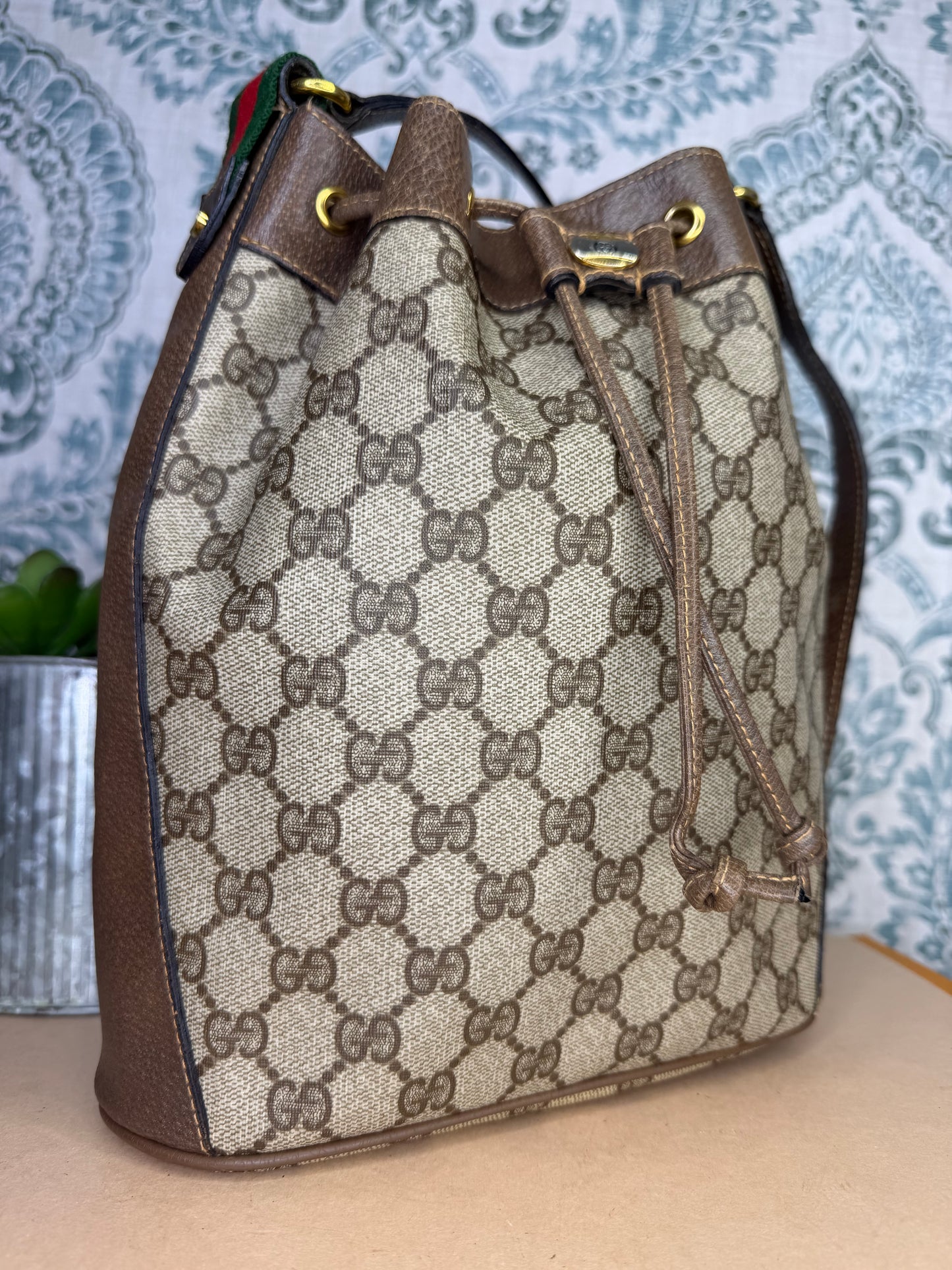 Gucci Canvas Sherry Line Drawstring Bucket Bag