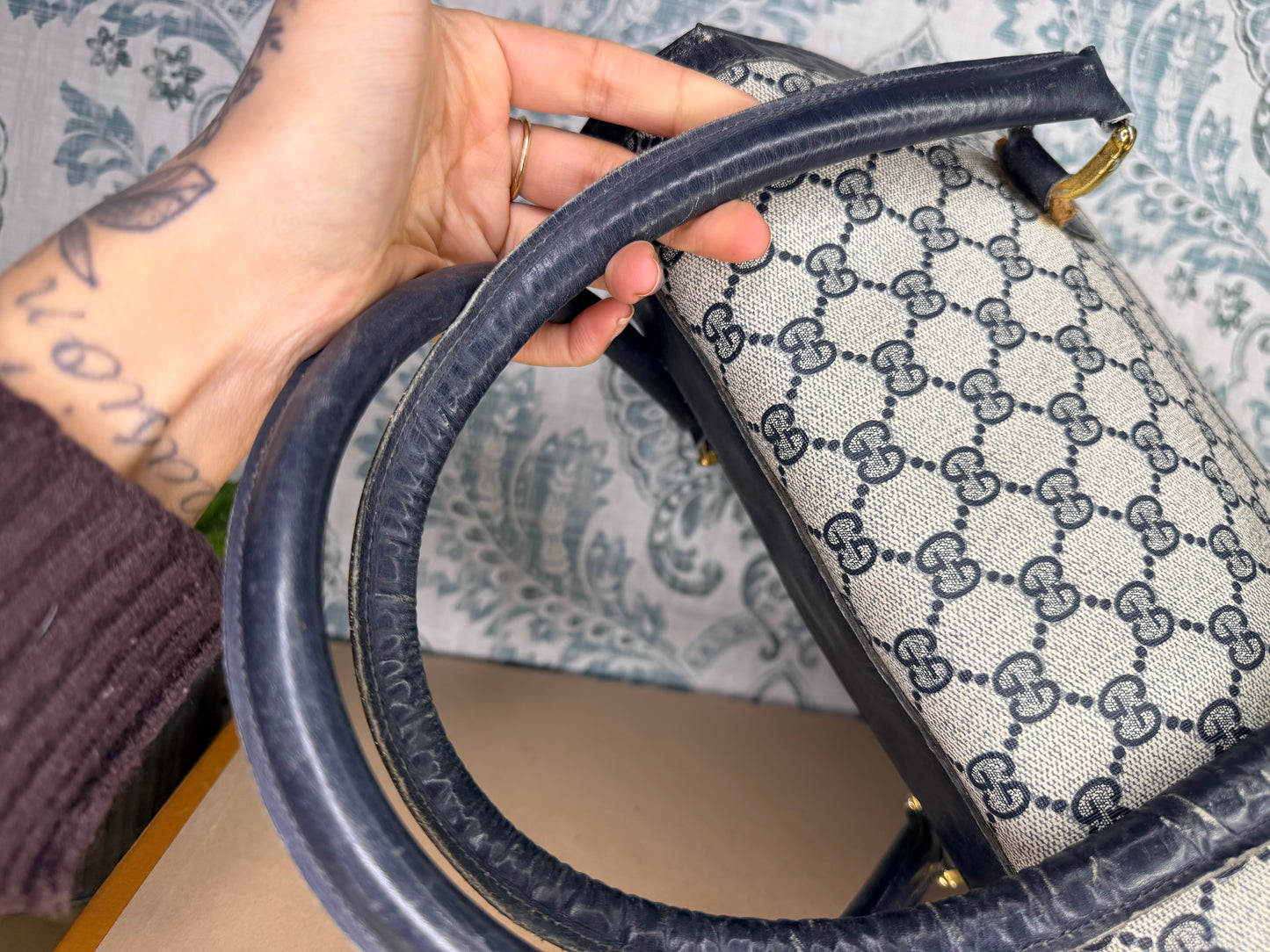 Gucci Navy Vintage Sherry Line Top Handle Bag