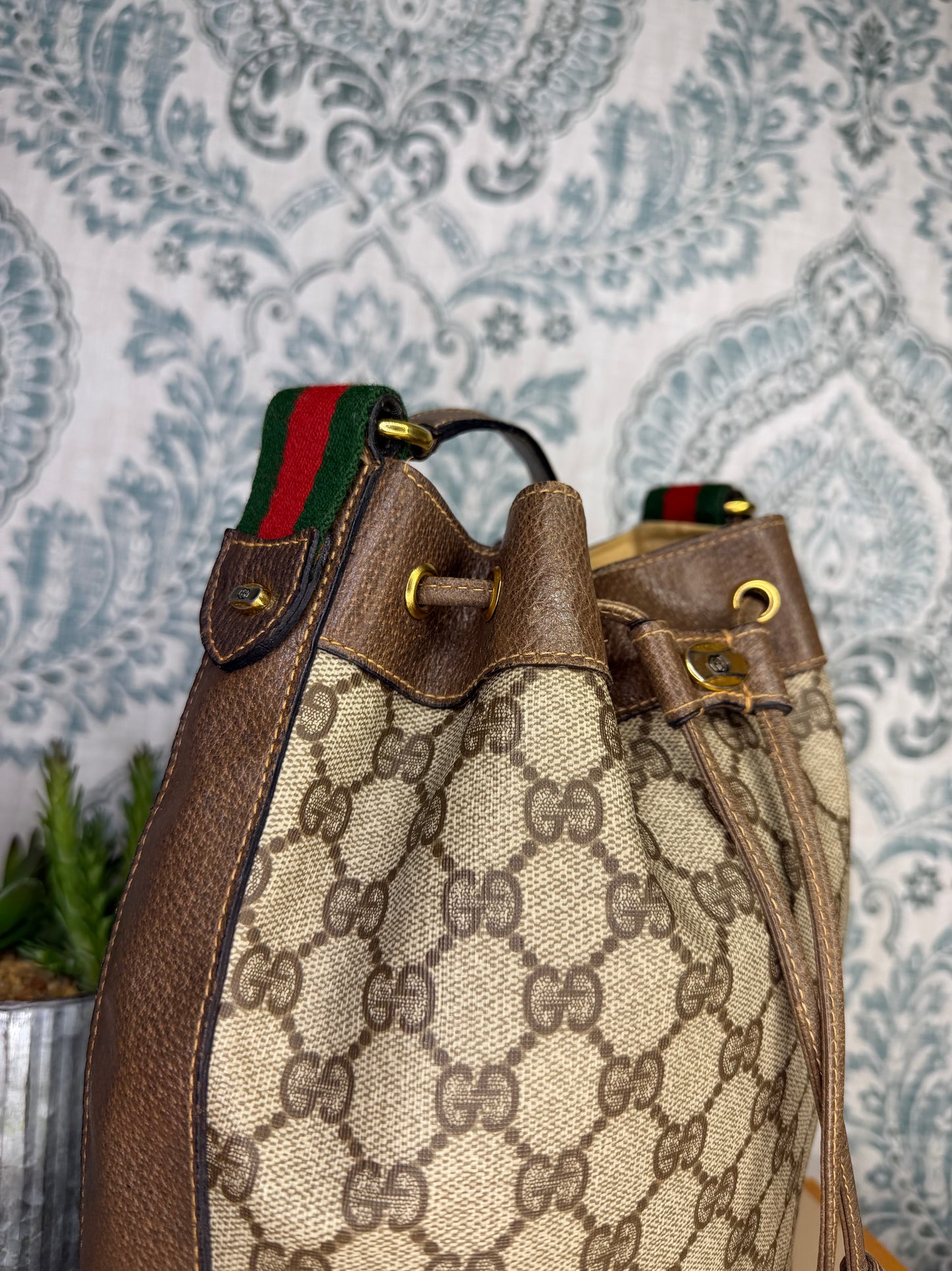 Gucci Canvas Sherry Line Drawstring Bucket Bag