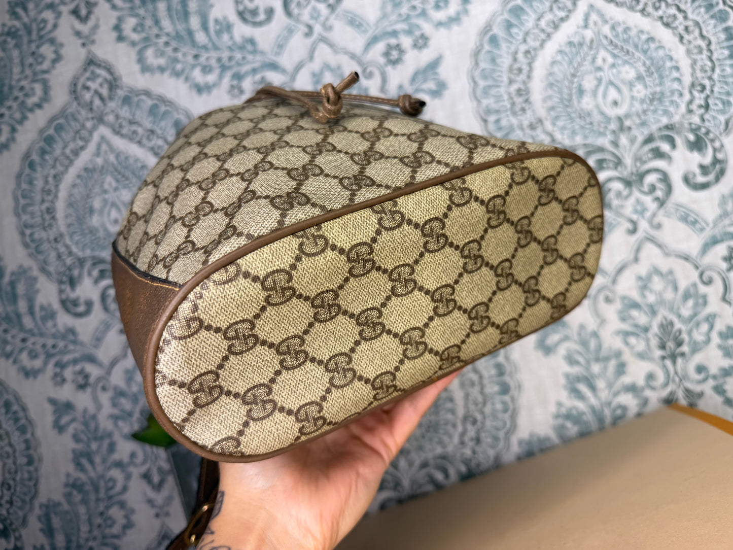 Gucci Canvas Sherry Line Drawstring Bucket Bag