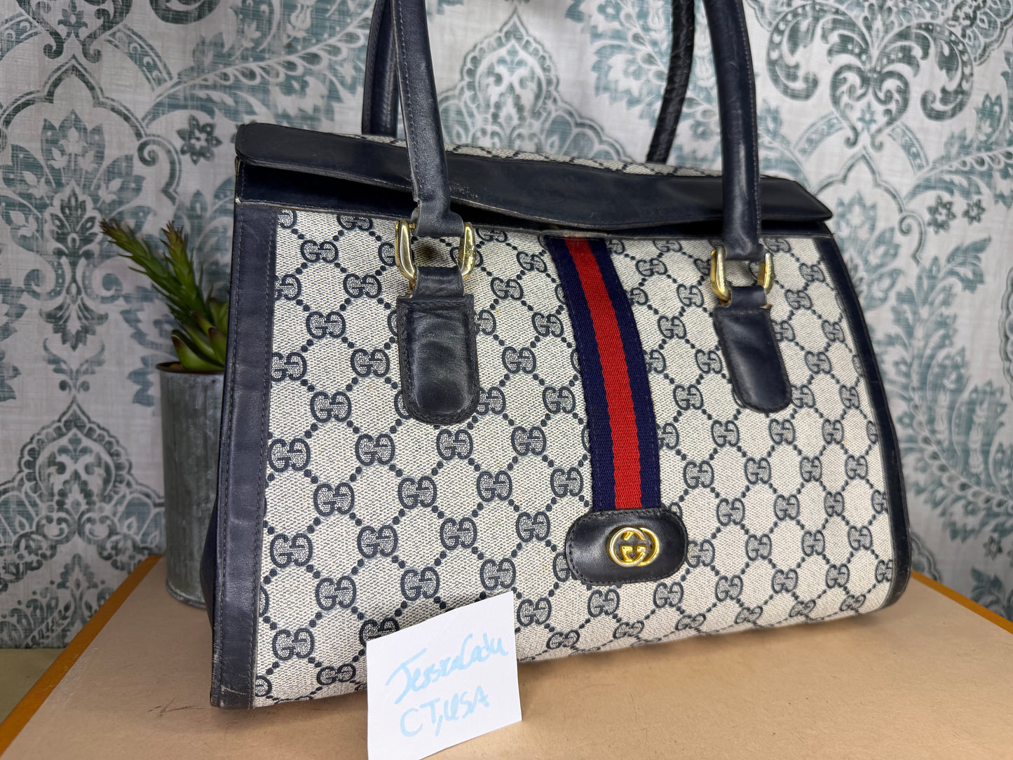 Gucci Navy Vintage Sherry Line Top Handle Bag