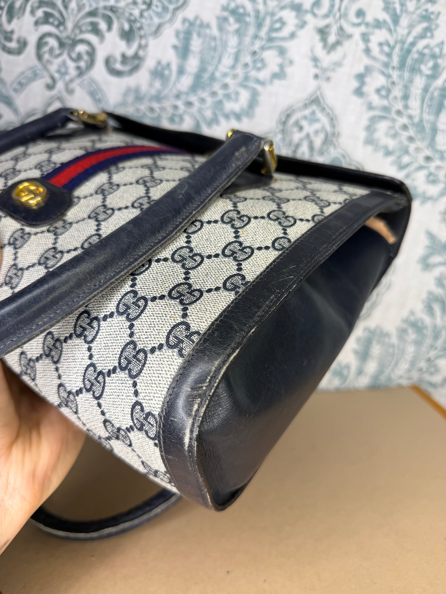 Gucci Navy Vintage Sherry Line Top Handle Bag