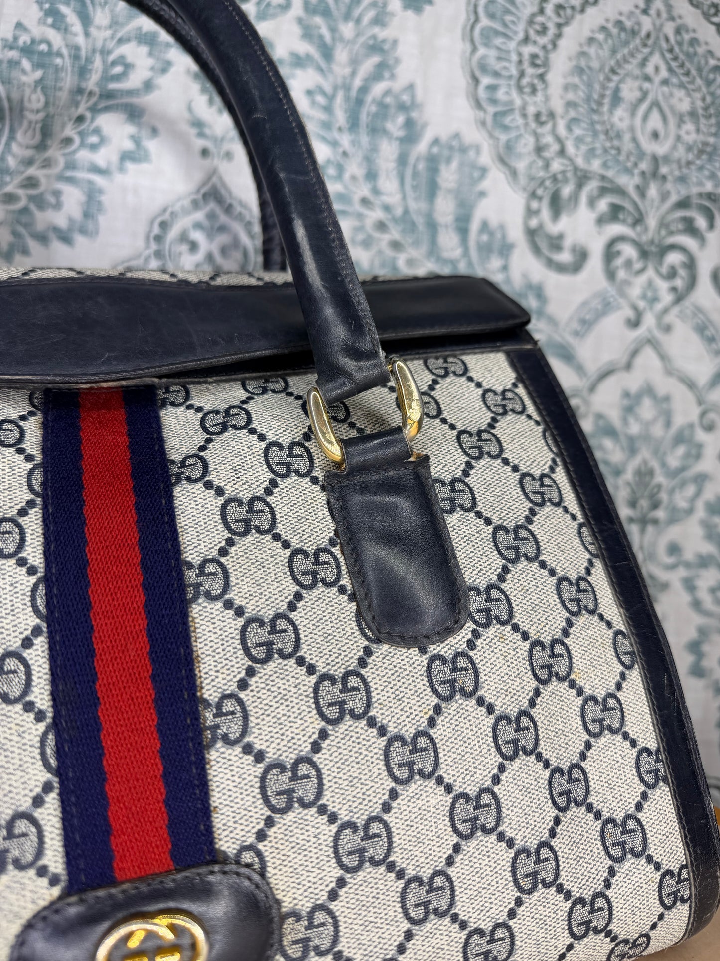 Gucci Navy Vintage Sherry Line Top Handle Bag