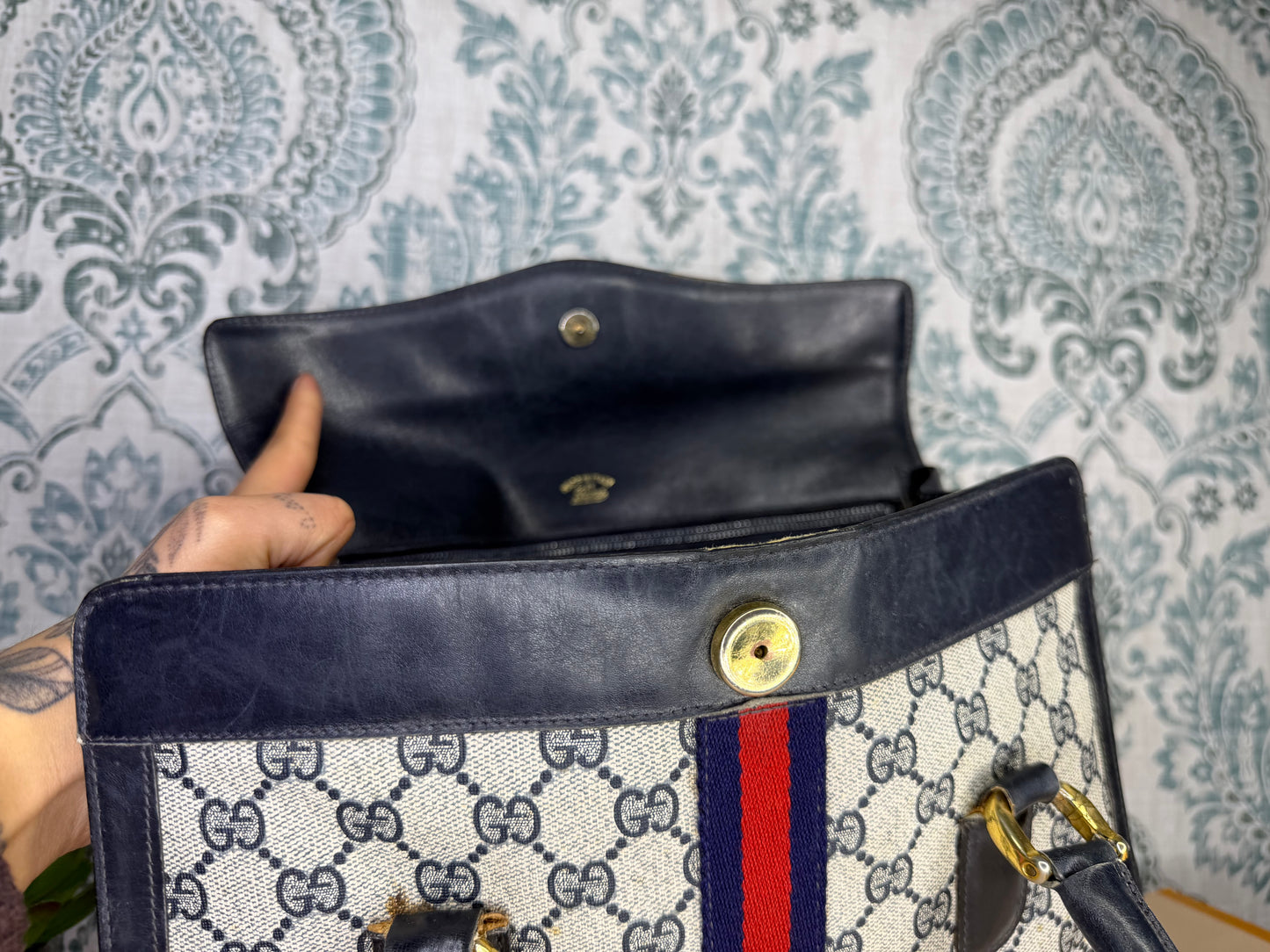 Gucci Navy Vintage Sherry Line Top Handle Bag