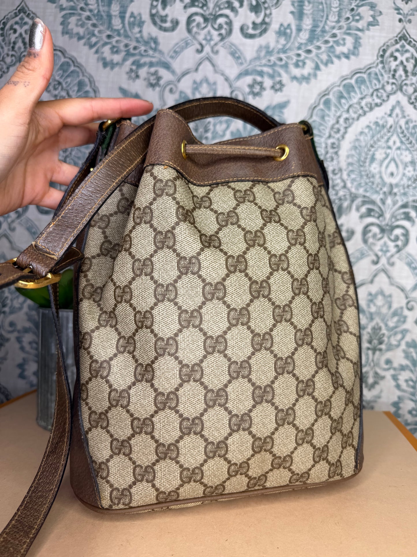 Gucci Canvas Sherry Line Drawstring Bucket Bag